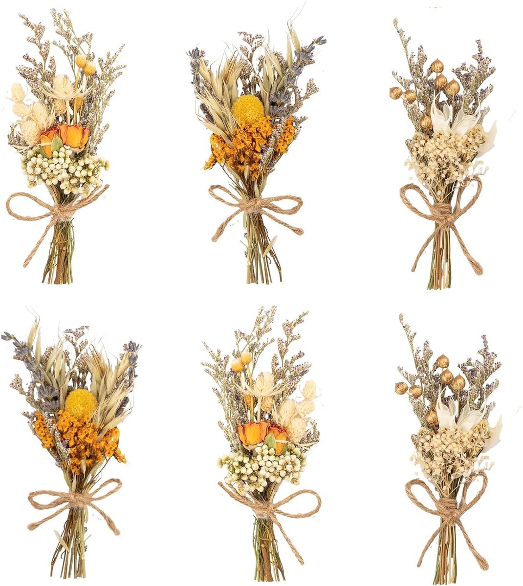 6 stuks mini-droogbloemenboeketten (15 cm), kleine gedroogde bloemen met vliegendoek en gras voor decoratie, bruiloft - ShopVlot