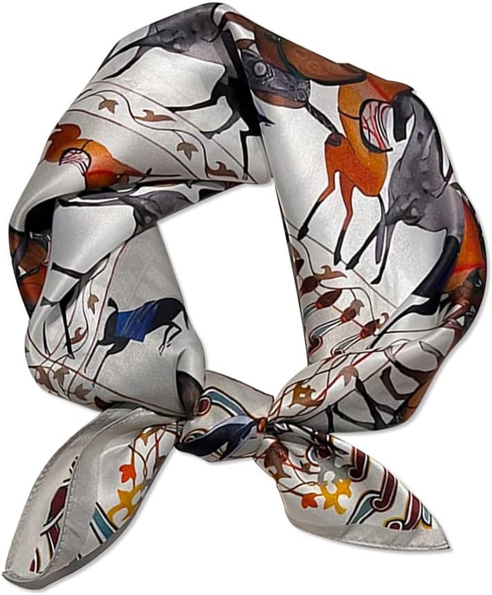 Satin Zijde Sjaal voor Vrouwen, Kleine Vierkante Sjaal 53x53cm met Bloemen en Bomen Print, Lichtgewicht Bandana en Hoofddoek in Grijs en Bruin