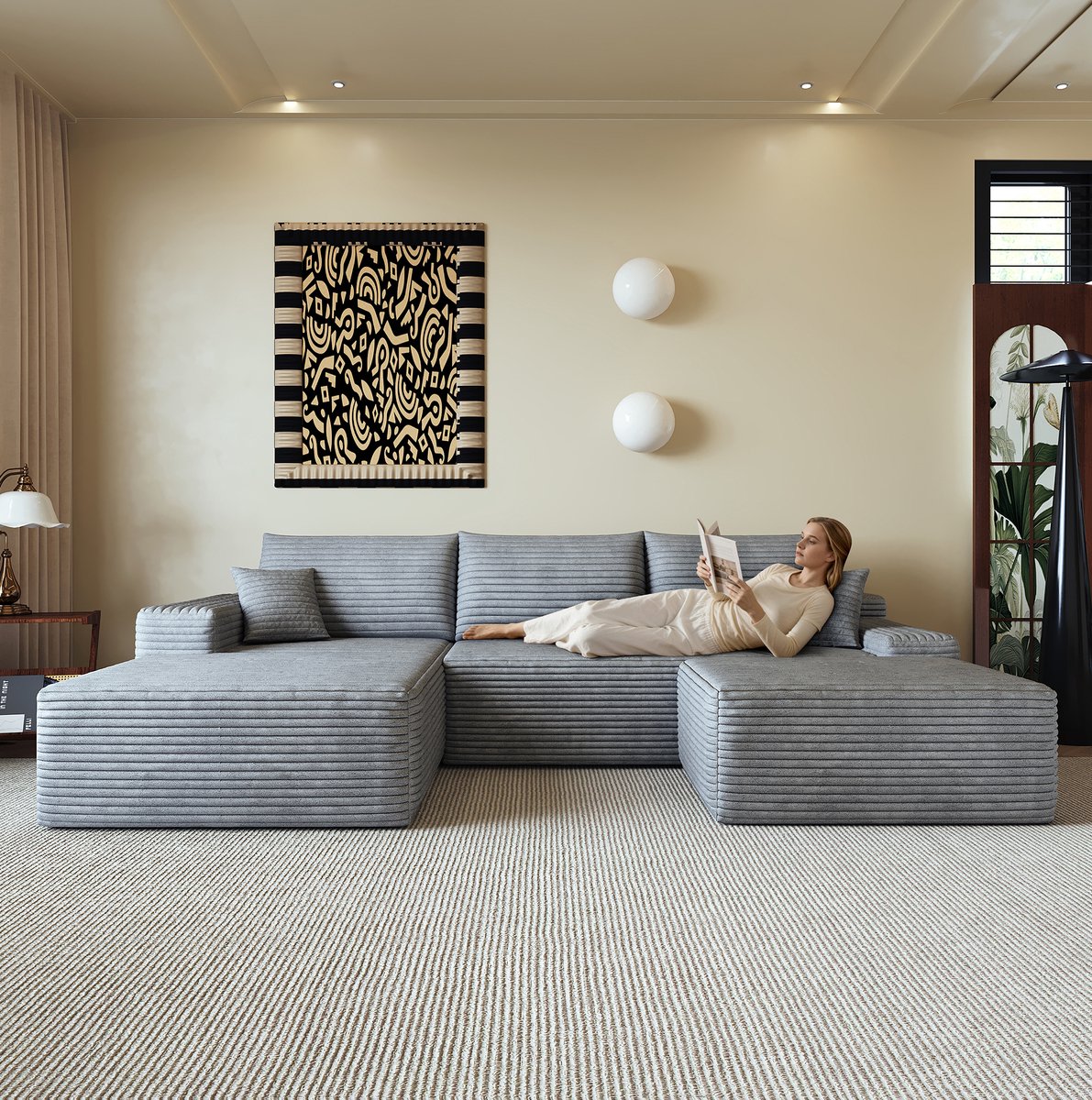 DESMIU Hoekbank 270 Cm - Modulaire L-Vormige Chaise Longue - 4-Zits - Voor Woonkamer, Slaapkamer En Appartement - Ribfluweel - Grijs