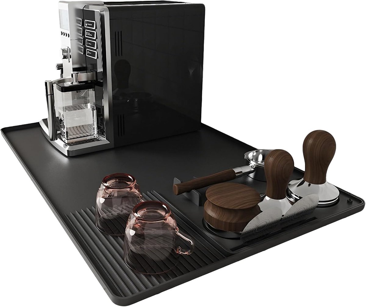 Koffiemat – Mat voor koffiemachines op het aanrecht – Inclusief tampermat – Met opstaande randen – Antislip – Geschikt voor koffiemachines & afdrogen – Zwart