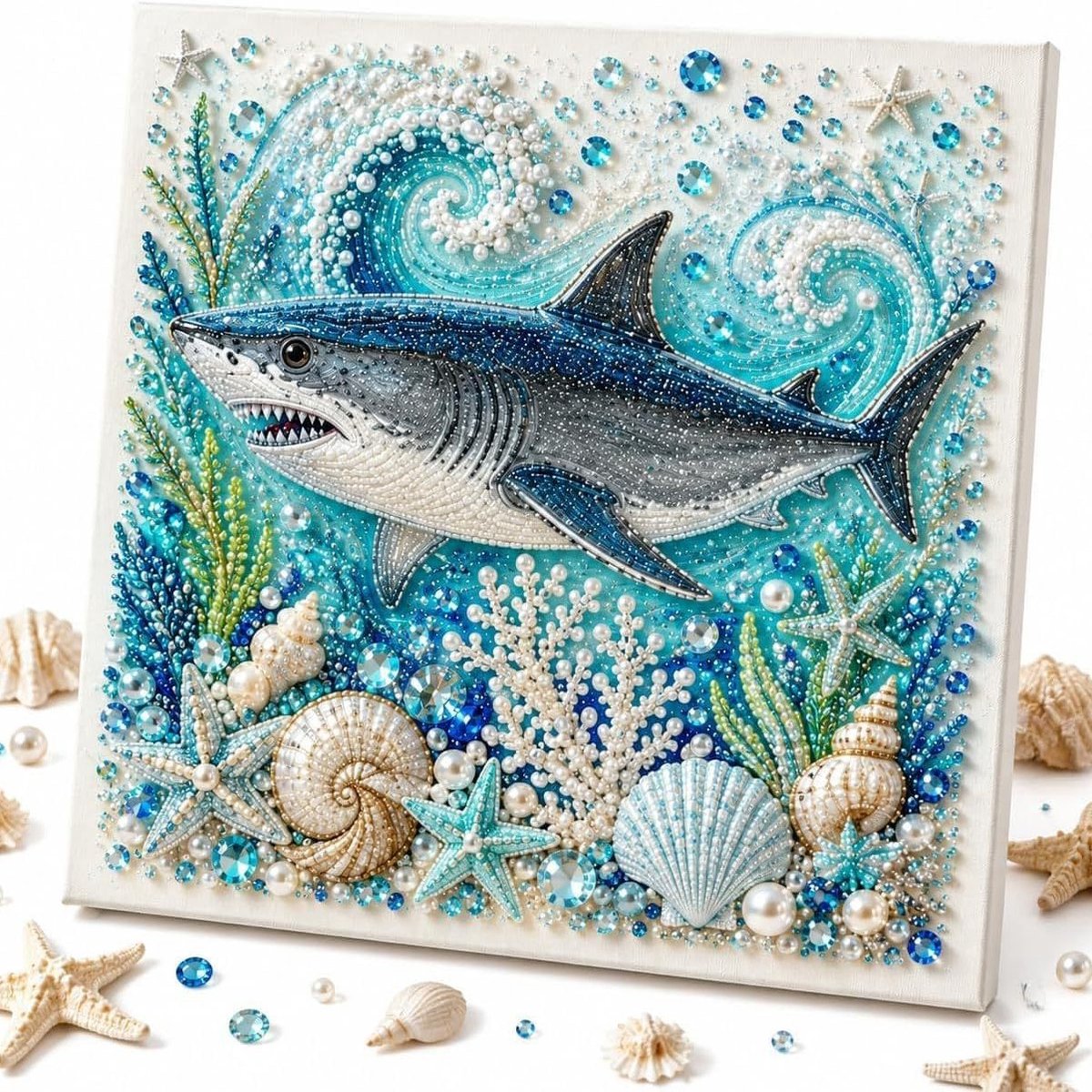 Ocean Series Diamantschilderijset - Haai 3D-diamantschilderij - Strand- & Zeethema - Stranddecoratie voor thuis - knutselpakket voor volwassenen en beginners - 20x20cm