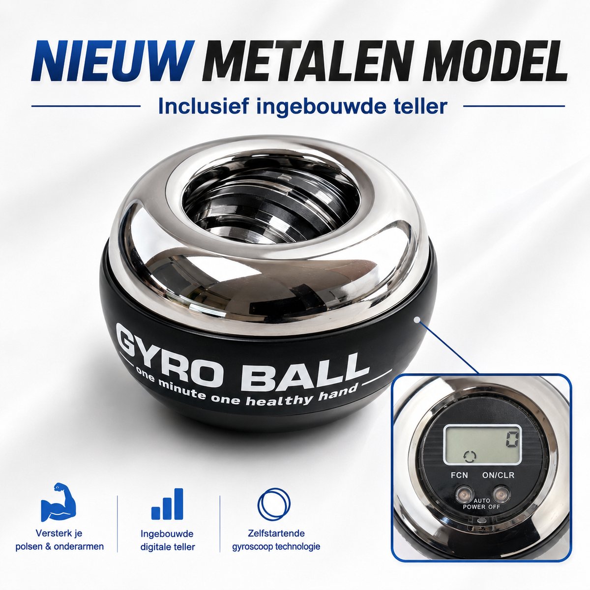 Metalen Power Gyro Ball met Autostart & Teller + Opberghoes - LED - Pols Trainer - Wrist Ball - Gripkracht - Spinner - Incl. Polsband & Handleiding
