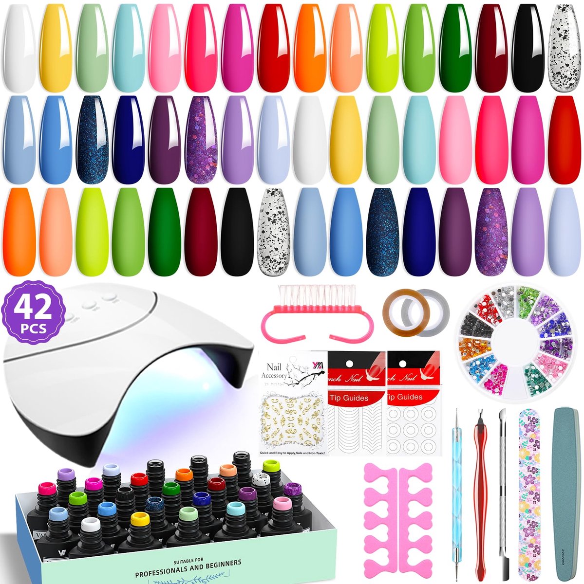 gelnagellakset 42 stuks - starterskit met lamp - 24 kleuren heldere lente-zomerkleuren - complete manicure ervaring - Luxento