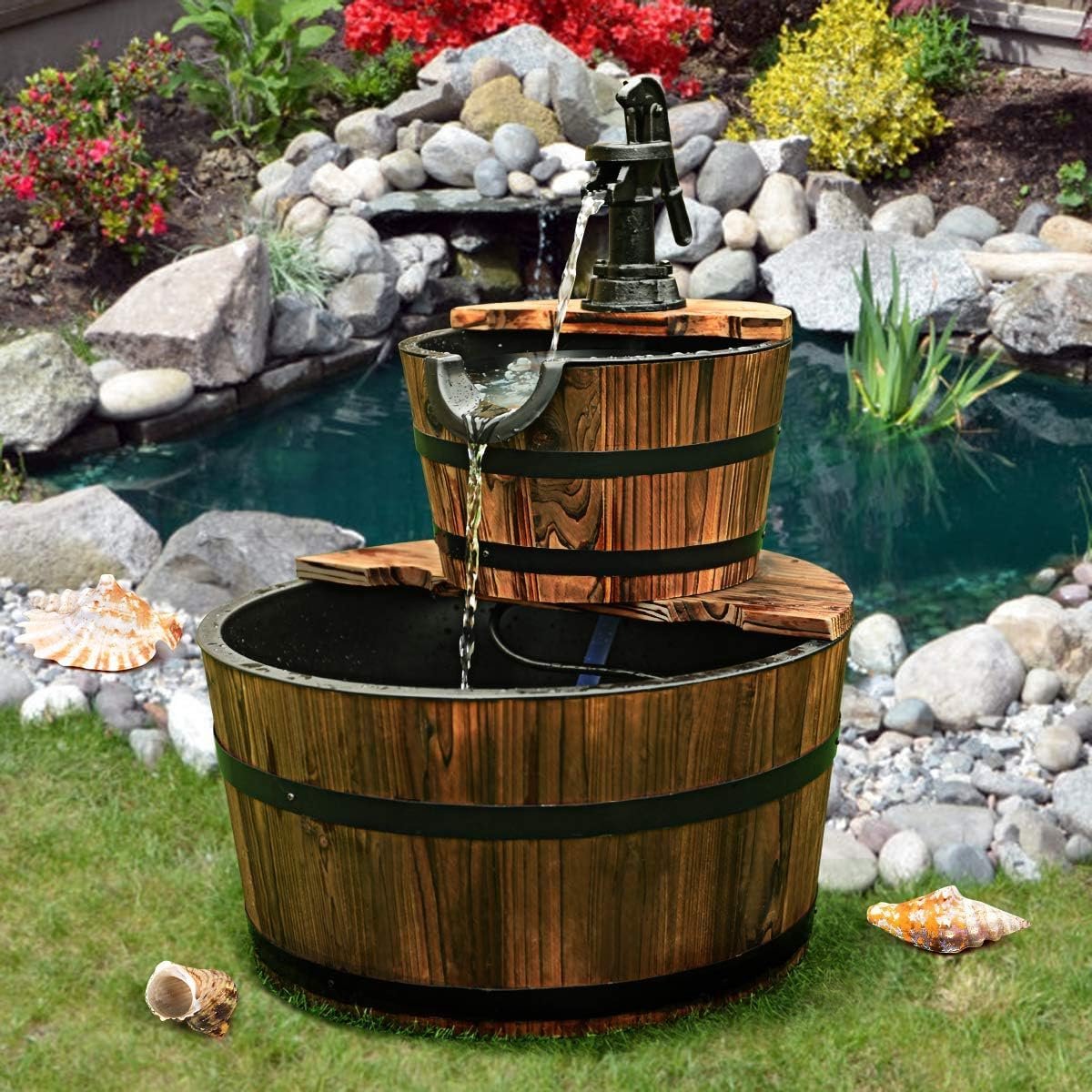 Tuinfontein 44,5 cm - Houten vat met waterpomp - Rustgevend watergeluid - Perfect voor in de tuin - ShopVlot