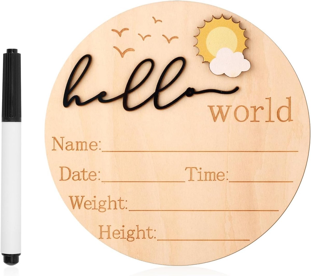 Houten Geboorteaankondigingsbord, 14.8cm Schattig Welkom Wereld Bord voor Baby, Naamplaatjes voor Jongens en Meisjes, Baby Shower en Fotoproppen