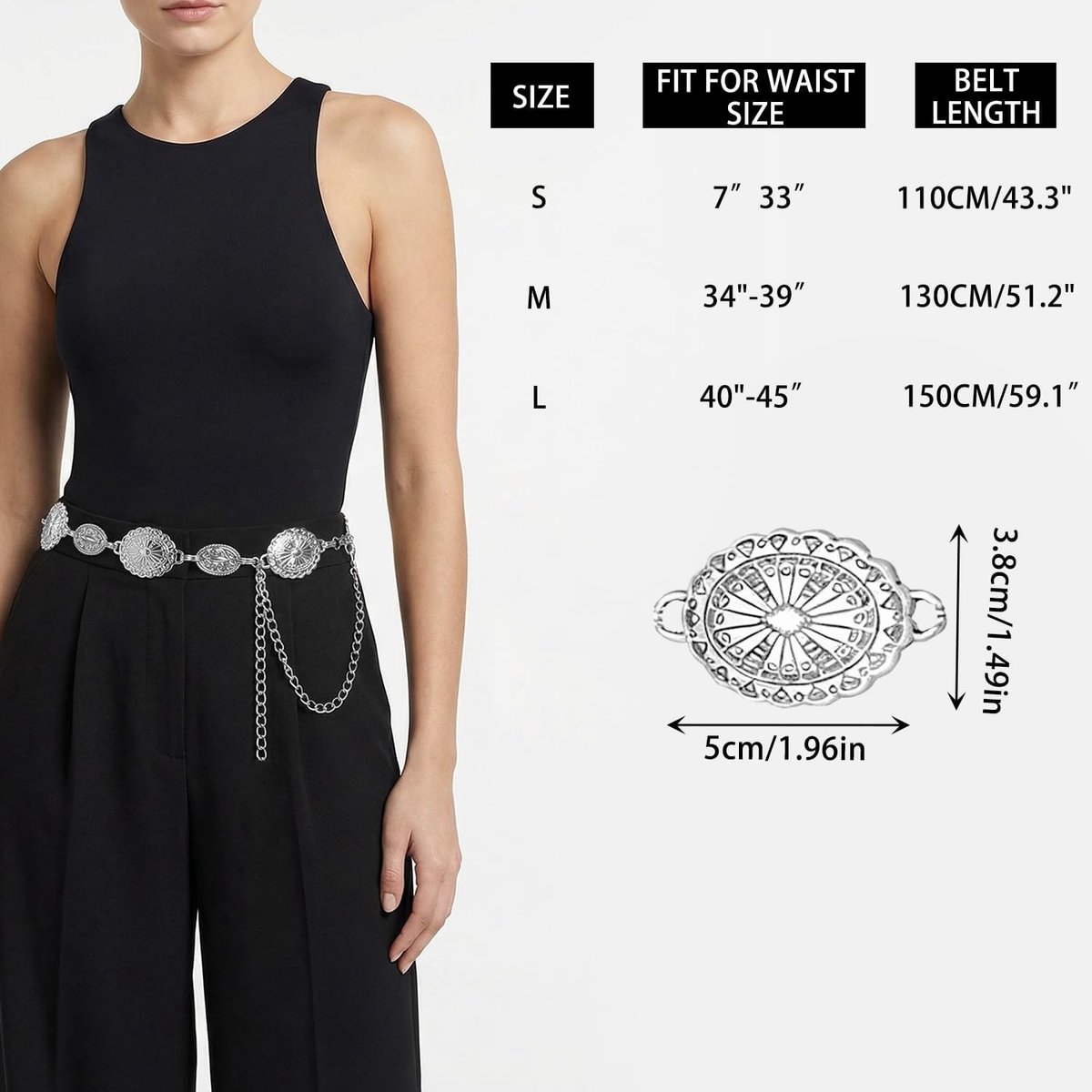 Stijlvolle damesriem in western stijl met metalen concho's, ideale tailleketting voor jurken en broeken, 130 cm lang, goudkleurige gesp.