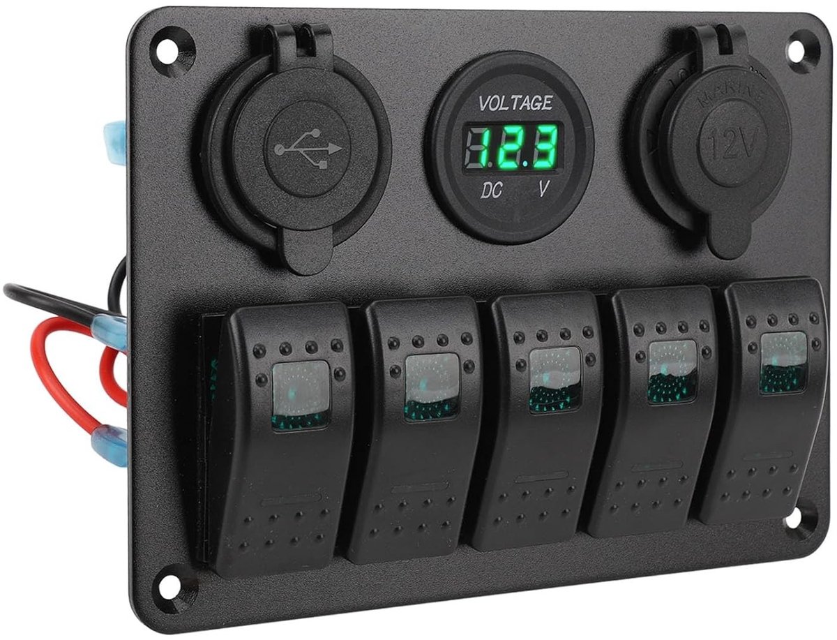 5-Gang Rocker Switch Paneel voor 12V tot 24V met USB-poorten en Voltmeter voor Boten, Campers en Voertuigen - Aluminium Legering