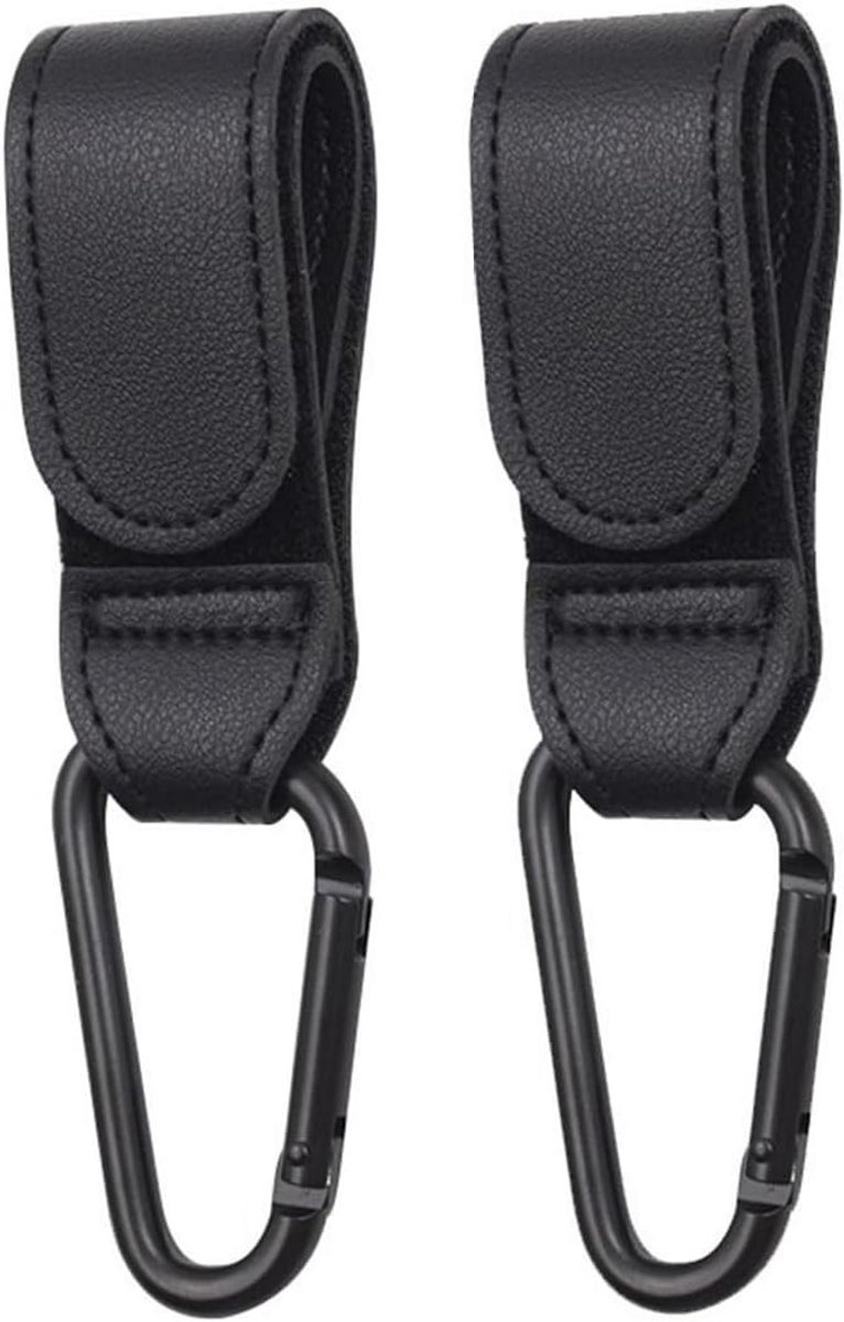 Set van 2 Universele Leren Haakjes voor Tassen, Kinderwagens, Fietstrailers en Rolstoelen (Zwart)