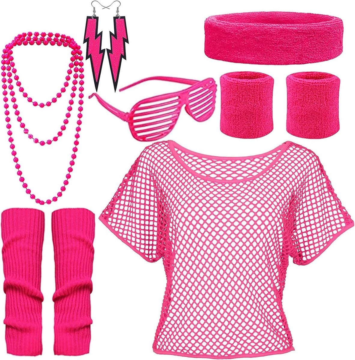 Retro jaren 80 kostuum voor dames met neonkleding, accessoires en themafeest benodigdheden