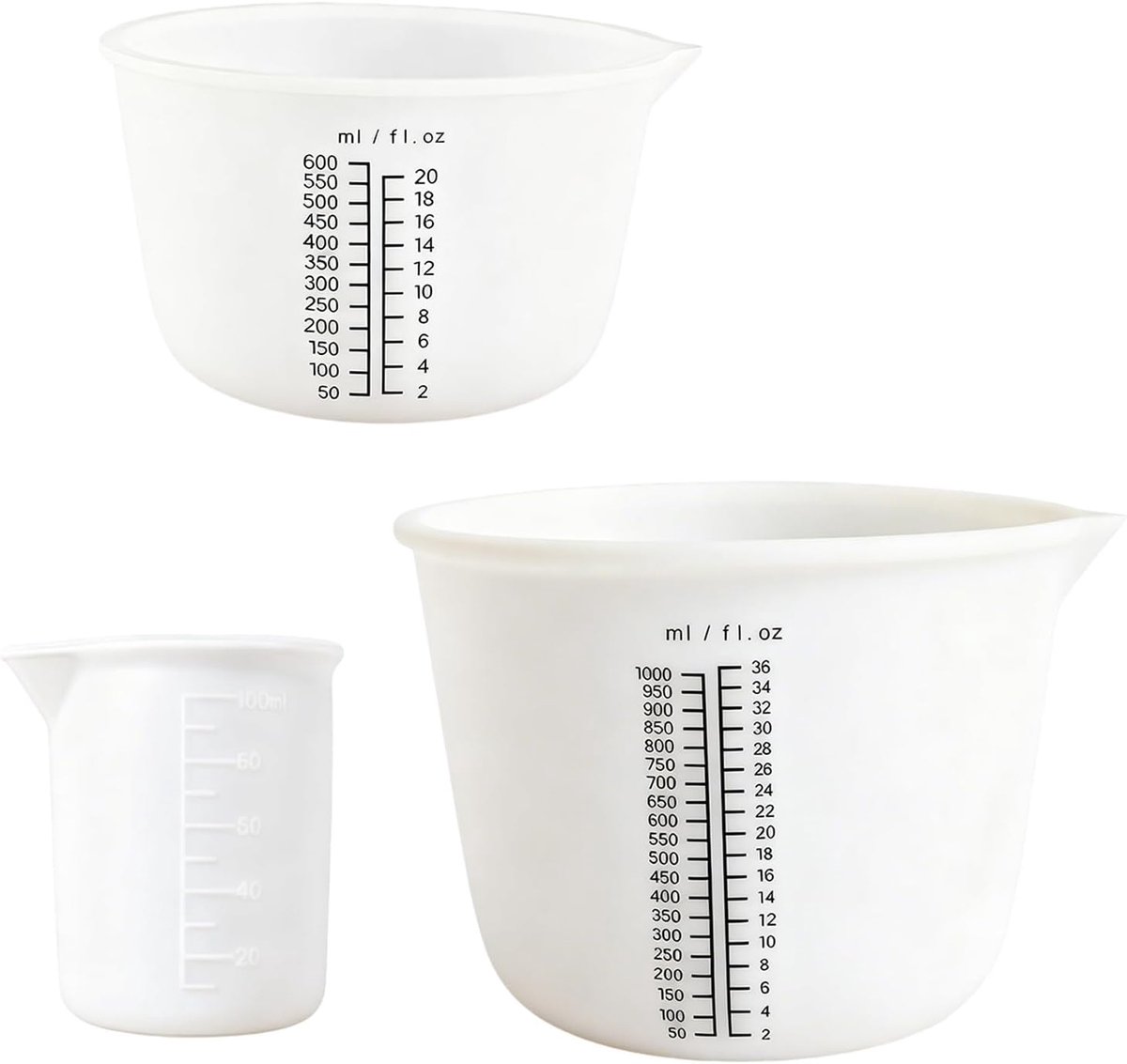 3 stuks siliconen maatbekers met 1 siliconen roerstaafje, 1 spatel, siliconen beker om te gieten, 1000 ml, 600 ml, 100 - ShopVlot