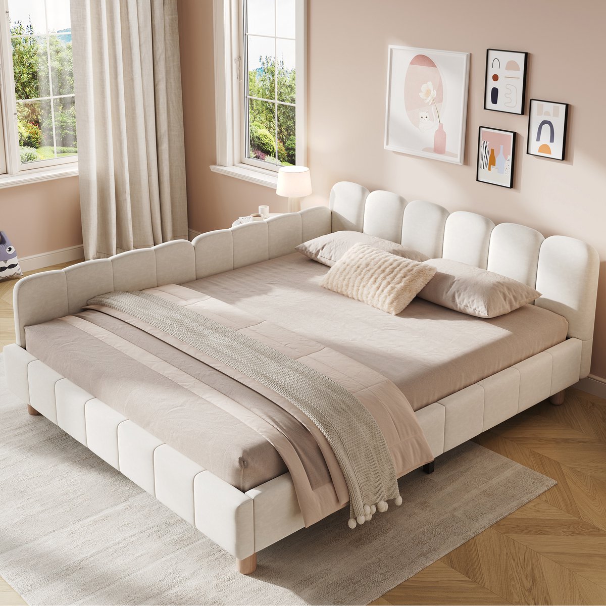 Wishdor Kinderbed 140x190 cm - Velours - Met uitvalbeveiliging en lattenbodem - Beige - Zacht gestoffeerd bed met houten poten en 220 kg draagkracht