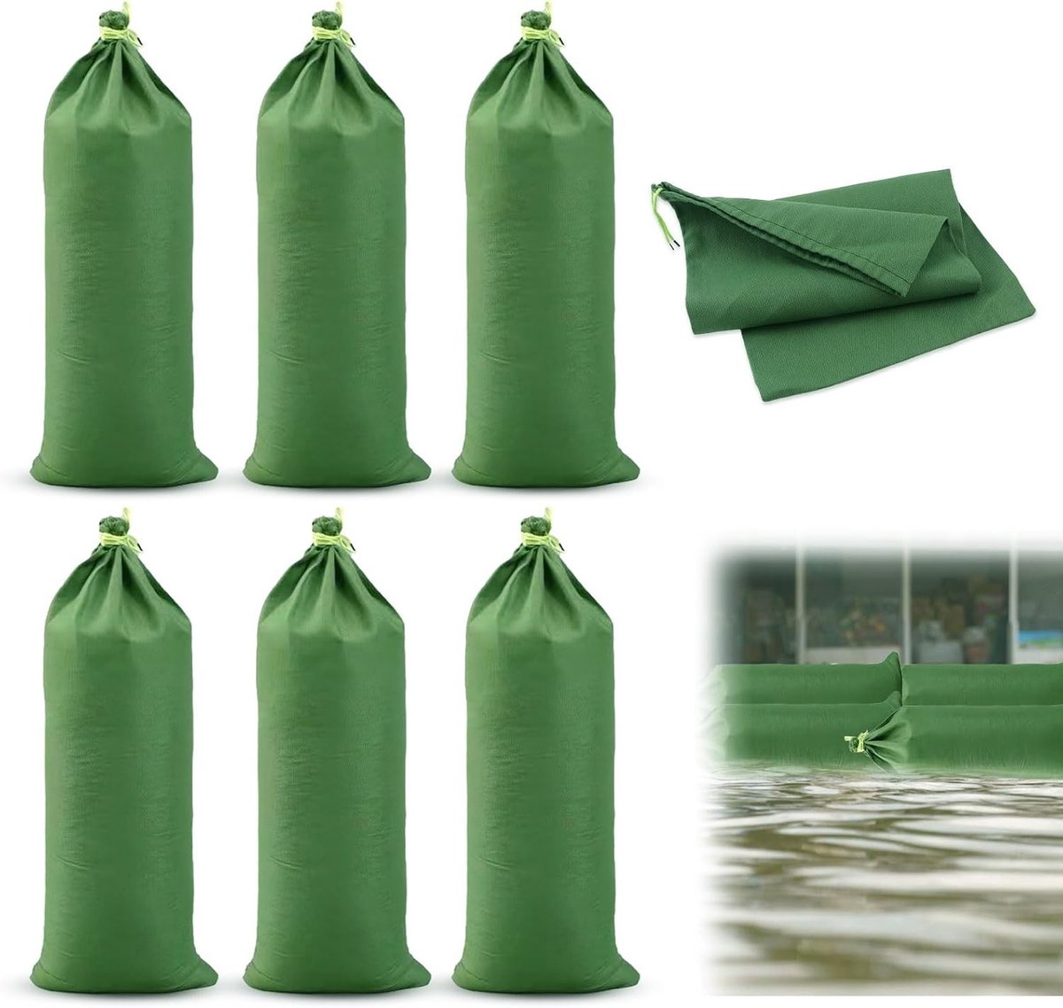 Herbruikbare zandzakken voor overstromingsbescherming 70 x 30 cm met veters, ideaal voor garages en kelders, set van 6, waterdichte zandzakken en vulbare zakken voor optimale bescherming