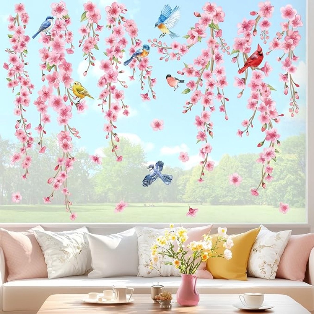 Kersenbloesem Raamsticker Roze Bloemen Hangende Wijnstok Vogels Glas Sticker Anti-Collision Dubbelzijdig Statisch Raamdecoratie 9 Stuks