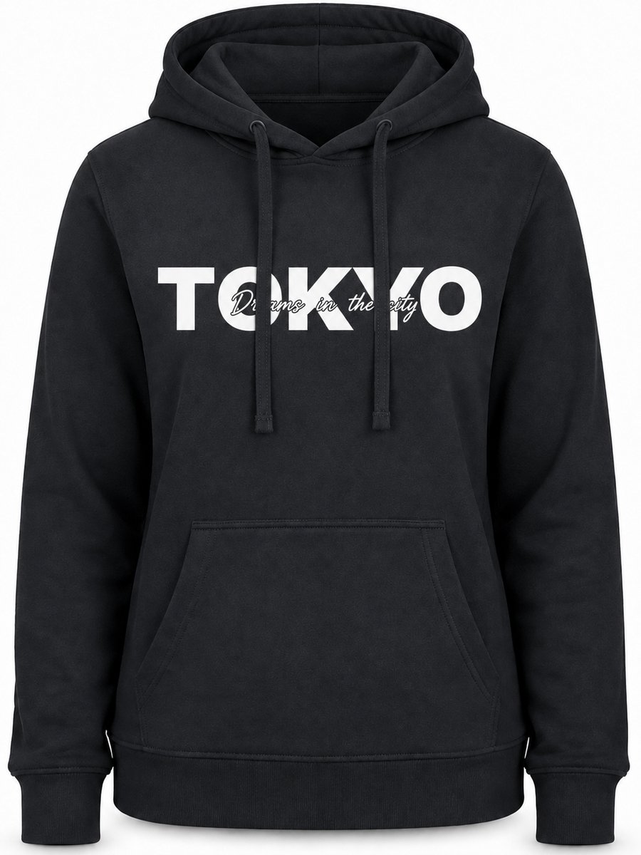 Trui Dames - Hoodie Dames met Tokyo Print - Zwart - Sweatshirt met Capuchon - Maat XL