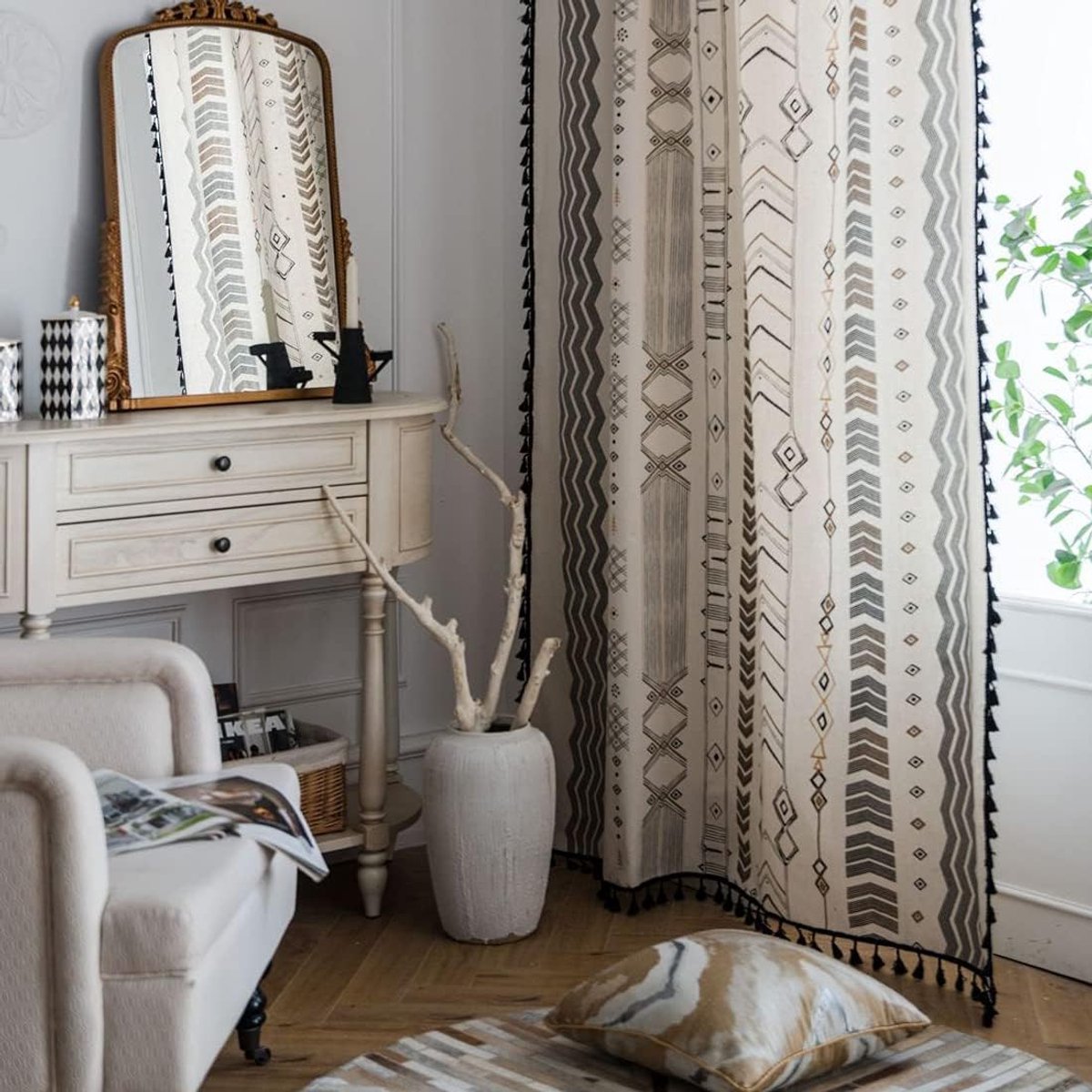 Boho Vintage Curtains with Tassels, Semi-Blackout Curtains with Eyelets, Cotton and Linen Curtains for Living Room - ShopVlot