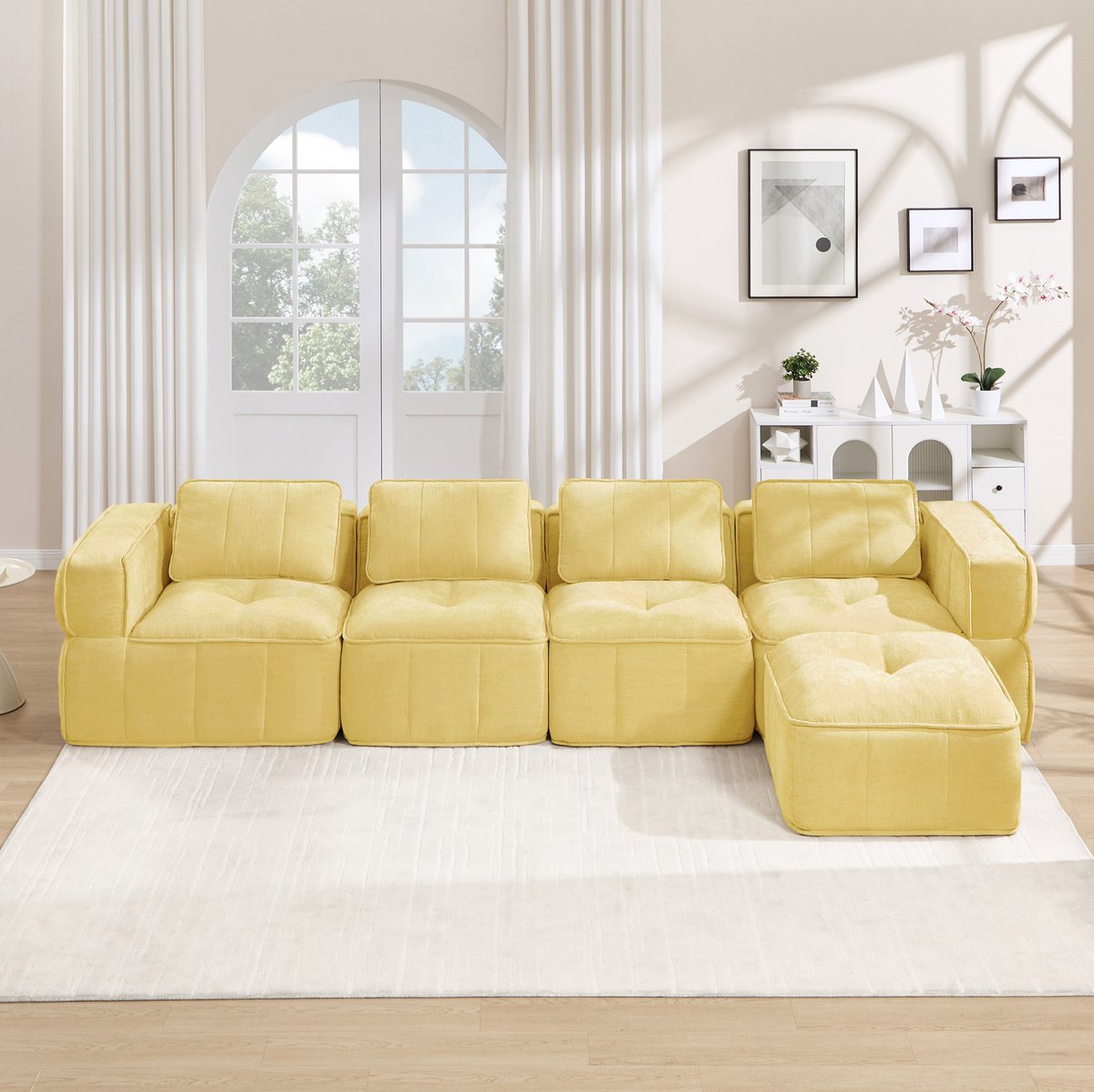 DESMIU Hoekbank 4-Zits - Modulaire L-Vormige Bank Met Hocker En Brede Armleuningen - Voor Woonkamer En Lounge - Polyester - Geel