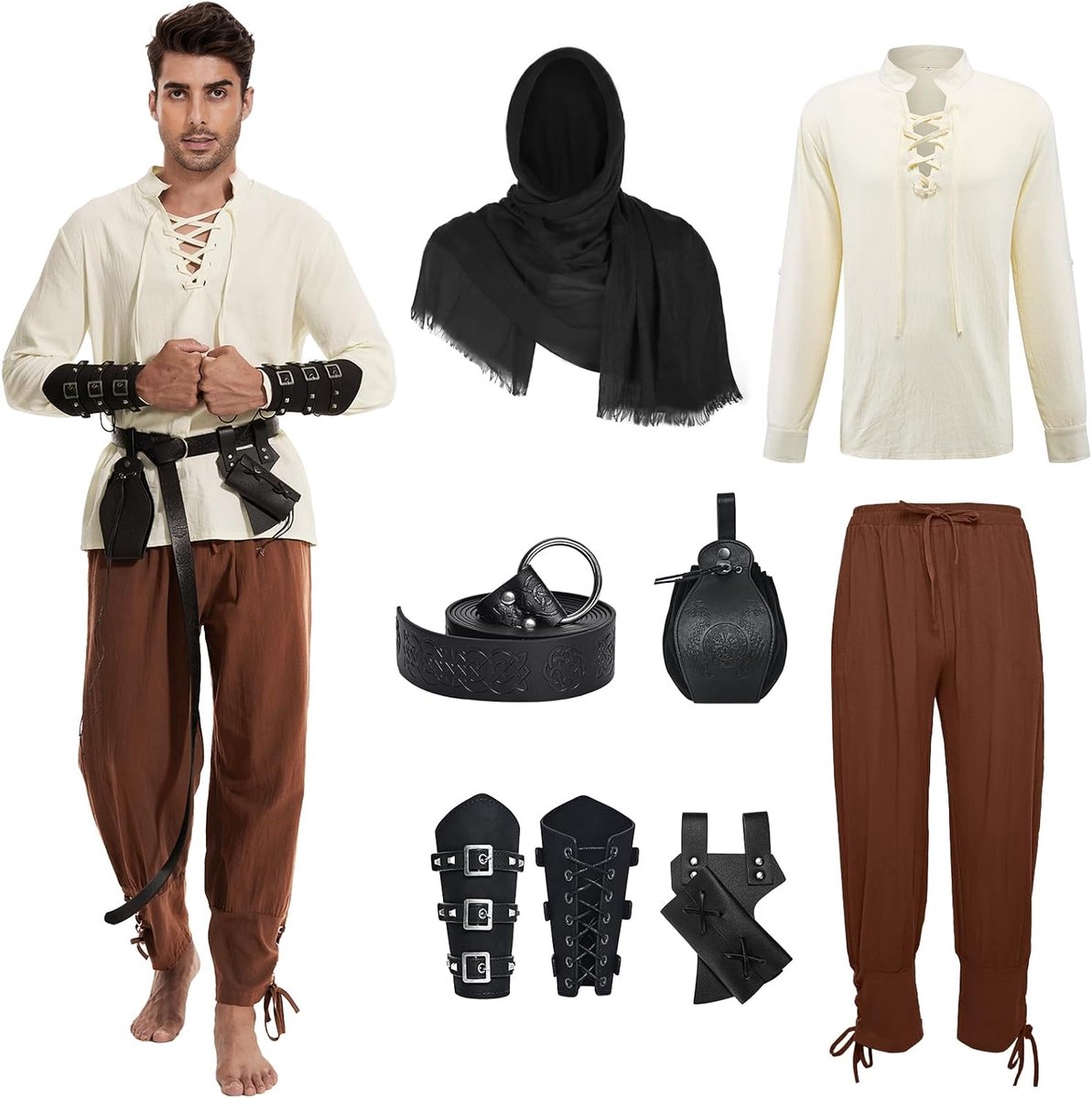 Middeleeuwse kleding heren 7-delig - Renaissance kostuum - Viking outfit met piratenhemd - ShopVlot