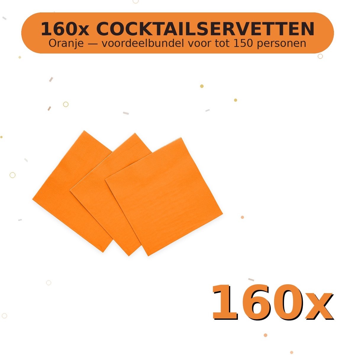 Cocktail servetten 24x24cm FSC Oranje - Voordeelverpakking 160 Stuks voor tot 150 Personen - Feestartikelen