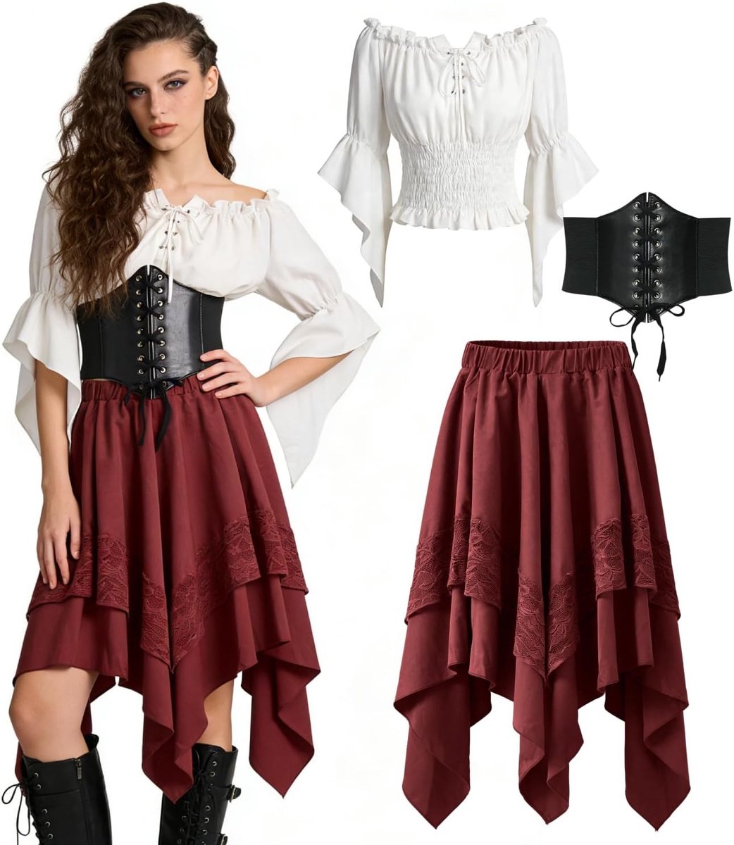 Piratenkostuum Dames - Rood - M - Middeleeuwse Jurk met Wit Overhemd en Riem - Voor Carnaval en Halloween