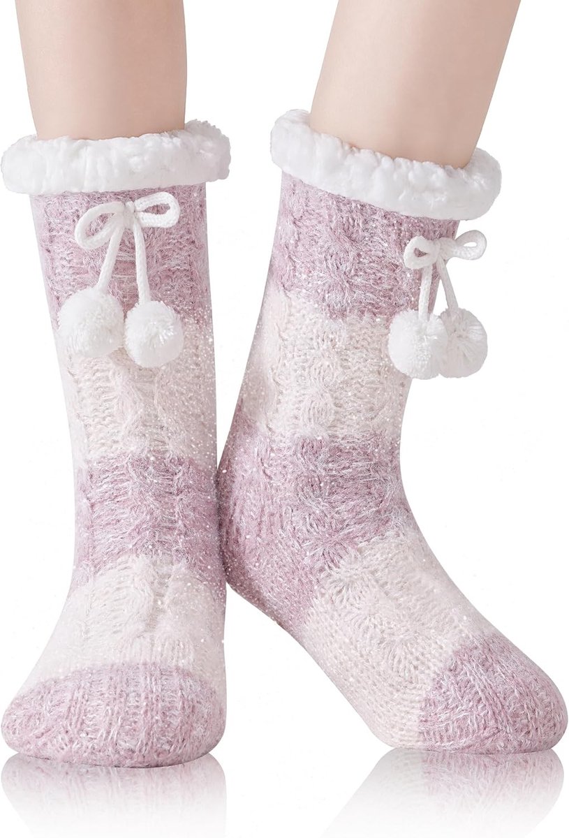 Damesslippersokken - Roze - Fleece gevoerd met Grijpers - Antislip Sokken voor Thuis