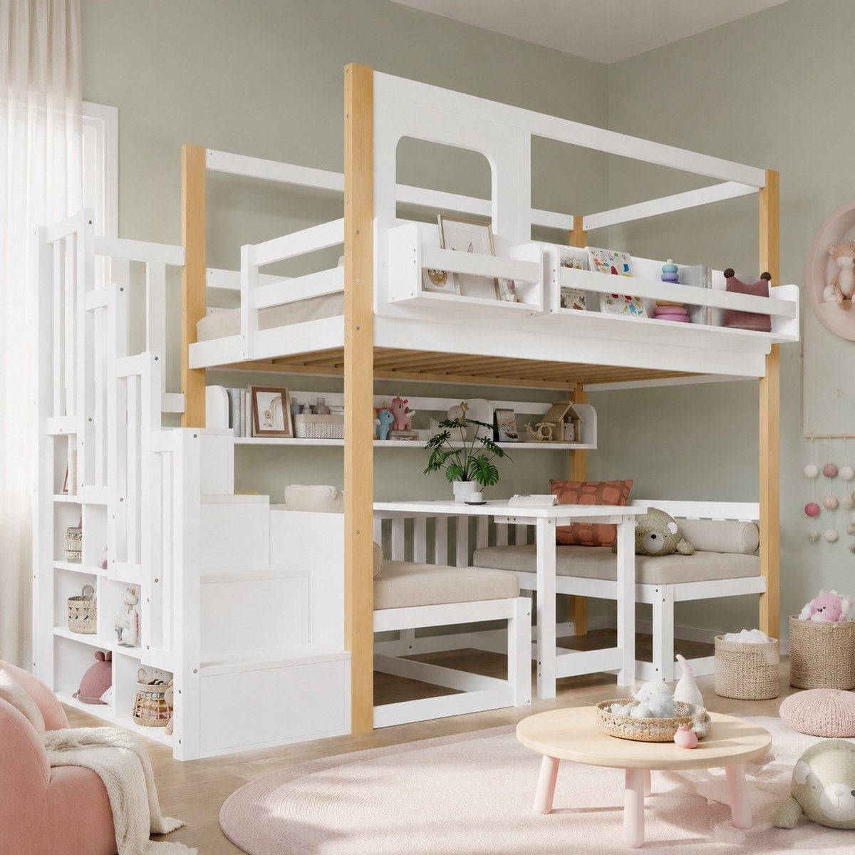 Wishdor Stapelbed 90x200 cm - Met bureau en opbergtreden - Met uitvalbeveiliging - Wit natuur - Hout en MDF - Kinderbed met boekenrek - Voor kinderkamer