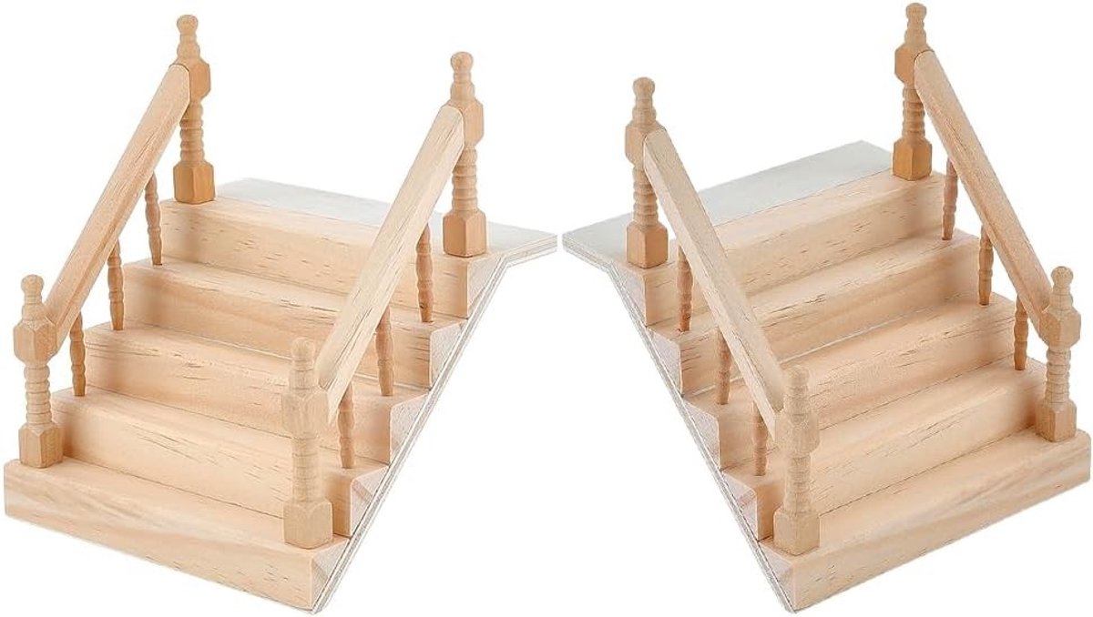 Mini-leuningen van hout voor trappen - 2 stuks voor poppenhuis en miniatuurscènes, 12 x 10,5 x 6,3 cm, ideale decoratie voor elfendiorama en modelbouw