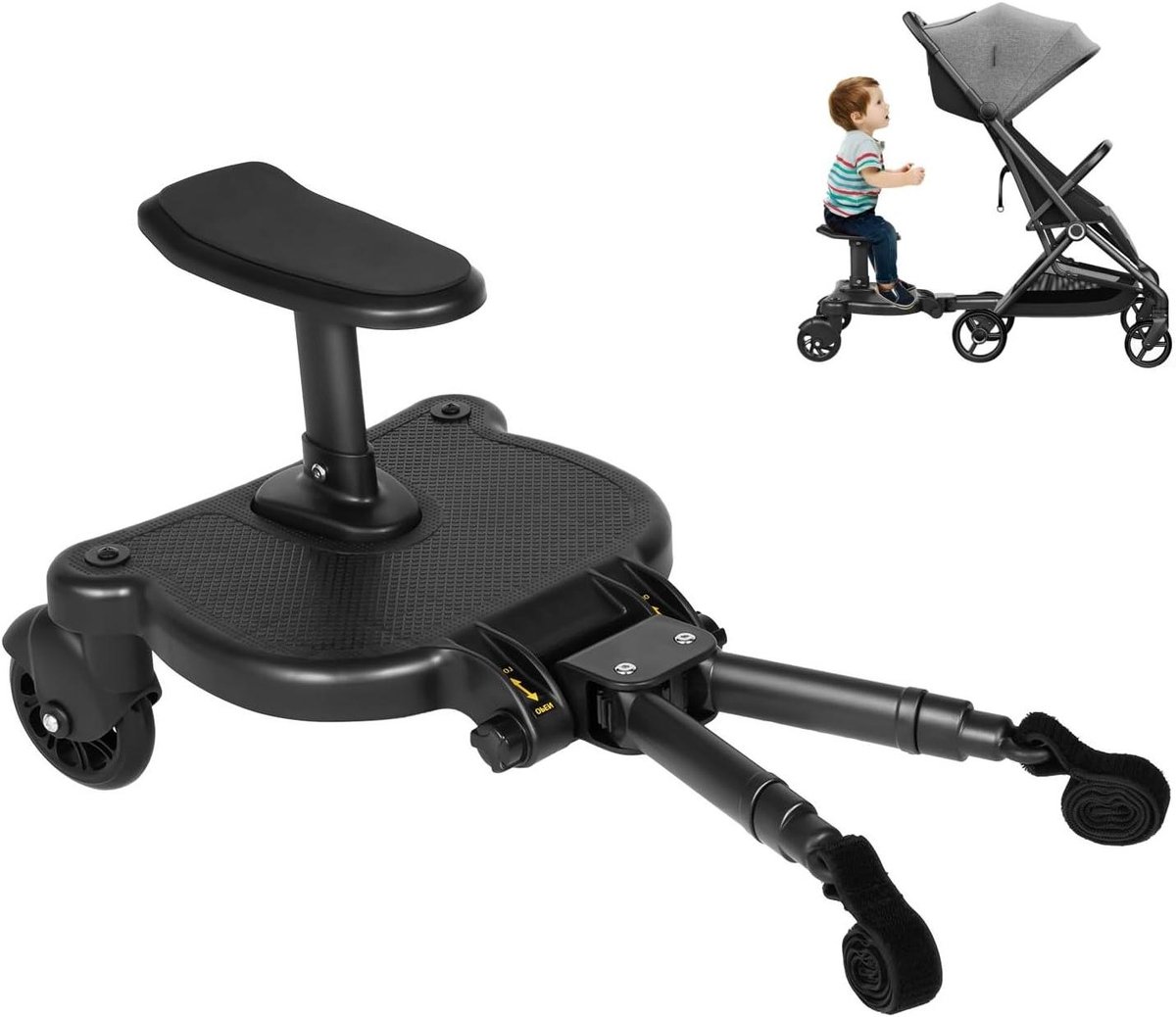 Meerijdplank Kinderwagen - Extra Plank Zitting - Comfortabel Reizen - Afneembare Zitting - Tot 25 kg - Zwart