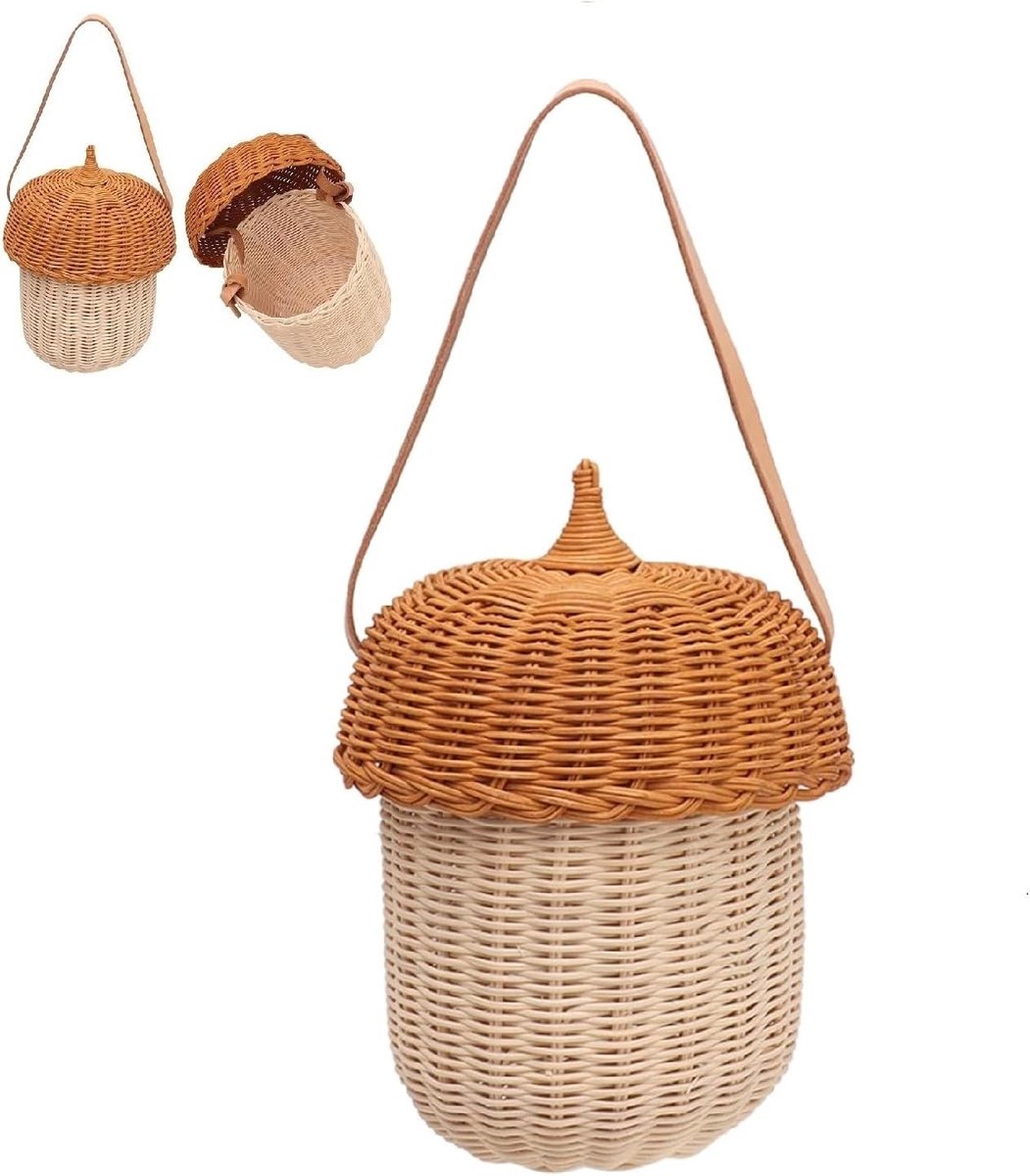 Handgemaakte Rieten Emmer Tas met Deksel, 25 x 18 cm, Perfect voor Schouderdragen en Wanddecoratie, Uniek en Duurzaam Woven Mandje