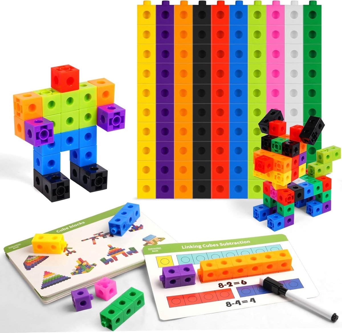 Bouwstenen Set van 100 Stukken - Educatief Speelgoed voor Kinderen 4+ met 18 Kaarten, Uitwisbare Markeerder en Rekenspelletjes voor Wiskunde en Creativiteit