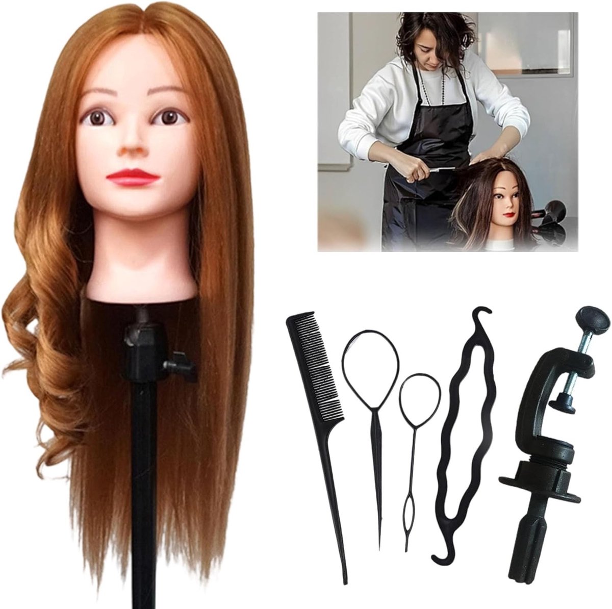 Professionele Styling Hoofd voor Recht Haar, Oefenaccessoires voor Haarstyling, DIY Haaraccessoires en Vlechten Set in Goud