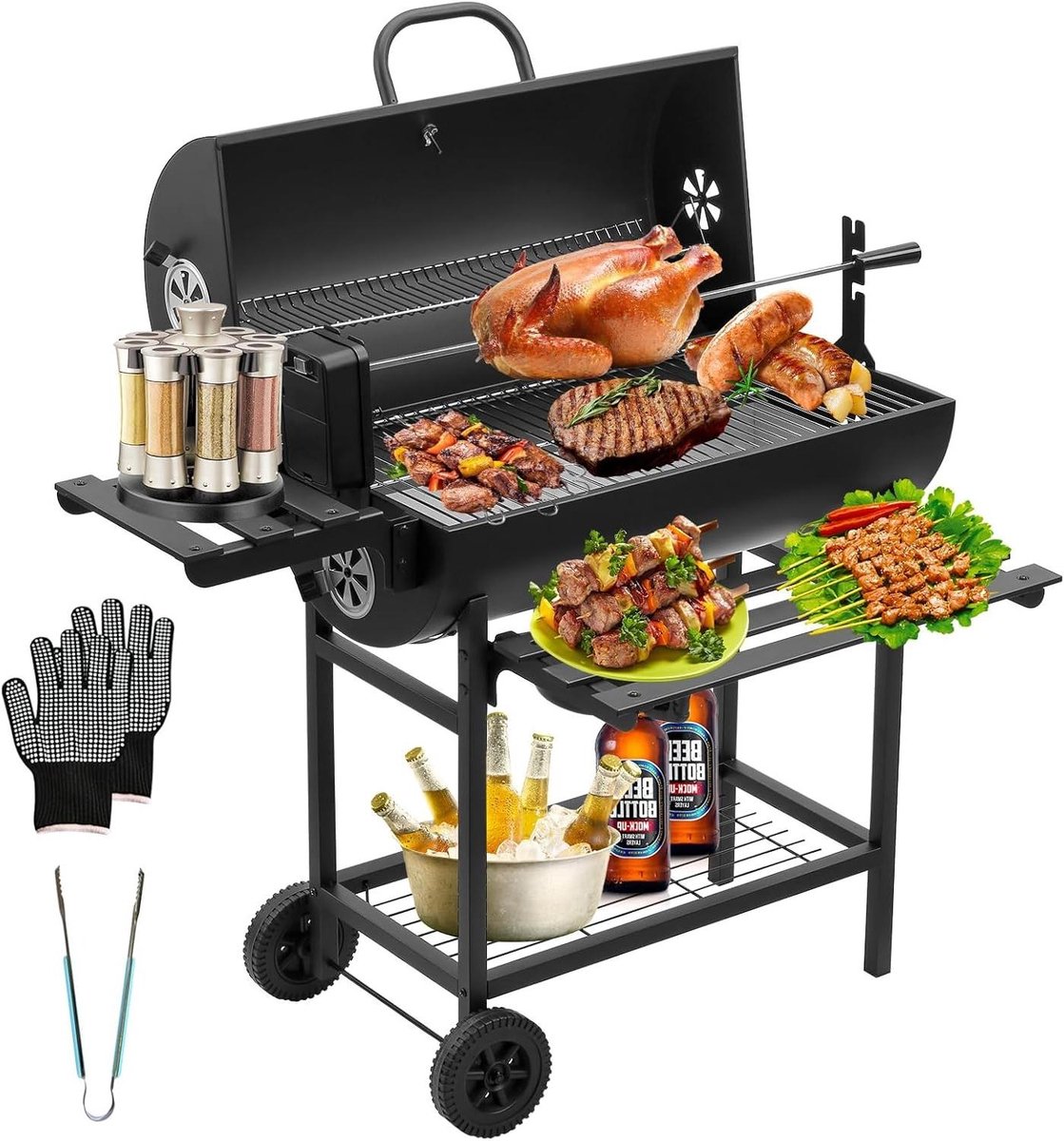 Houtskool Barbecue Grillwagen XXL – House&Garden Premium BBQ met Deksel, Thermometer, XXL Grillrooster (70x35 cm), Kippengrill, Aslade, Ventilatiesysteem, Zijplank, Wielen & Opbergruimte – Roestvrij Staal Outdoor Tuinbarbecue Zwart