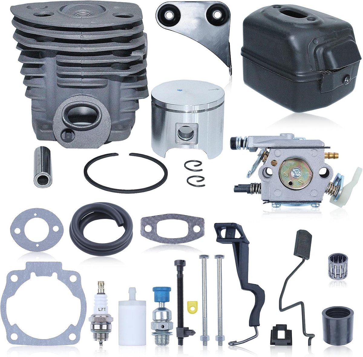 Uitlaat reparatieset voor carburateur zuiger 46 mm, geschikt voor verschillende modellen, inclusief onderdelen 503609171 en 501766605, eenvoudig te installeren en duurzaam