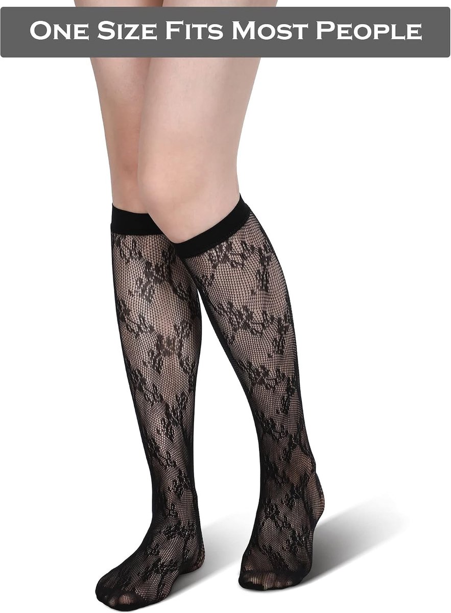 4 Paar Vrouwelijke Visnet Kousen tot de Knie met Kant en Holte - Elegante Zwarte Calf Sokken en Enkelsokken voor Modebewuste Dames