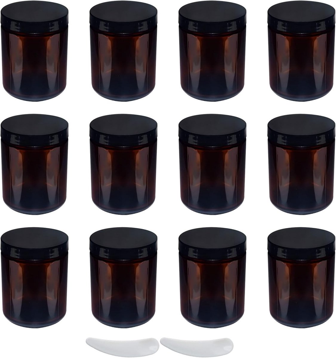 Set van 12 lege crèmekruiken van 240 ml van bruin glas, ideaal voor cosmetica, lotions en crèmes, inclusief 2 spatels en deksel voor onderweg