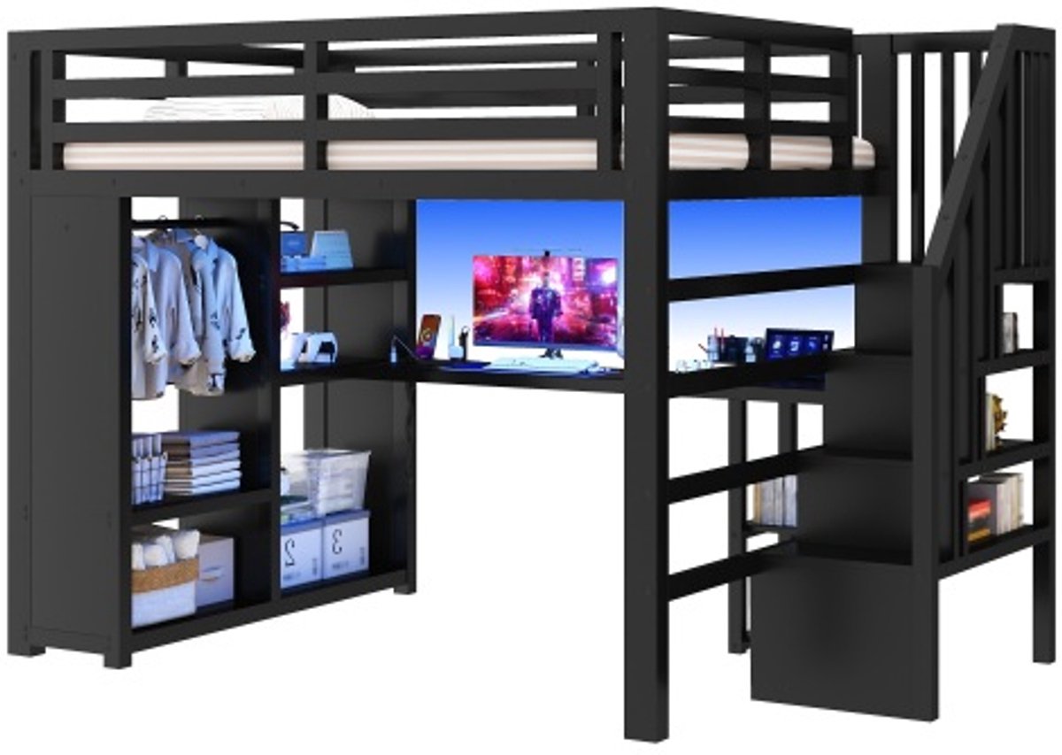 Hoogslaper 140x200 cm - Gaming Bed met Bureau, Kledingkast,Opbergruimte, LED Verlichting en USB, Metalen Hoogbed, Zwart