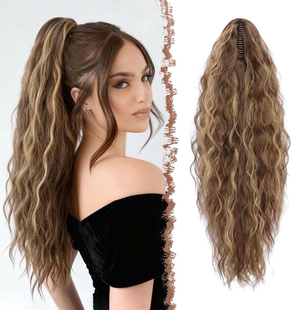 Ponytail Extensions Lang Krullend Haar met Klamma voor Vrouwen, Honingblond en Lichtbruin, 65 cm, Perfect voor Een Volumineuze Look