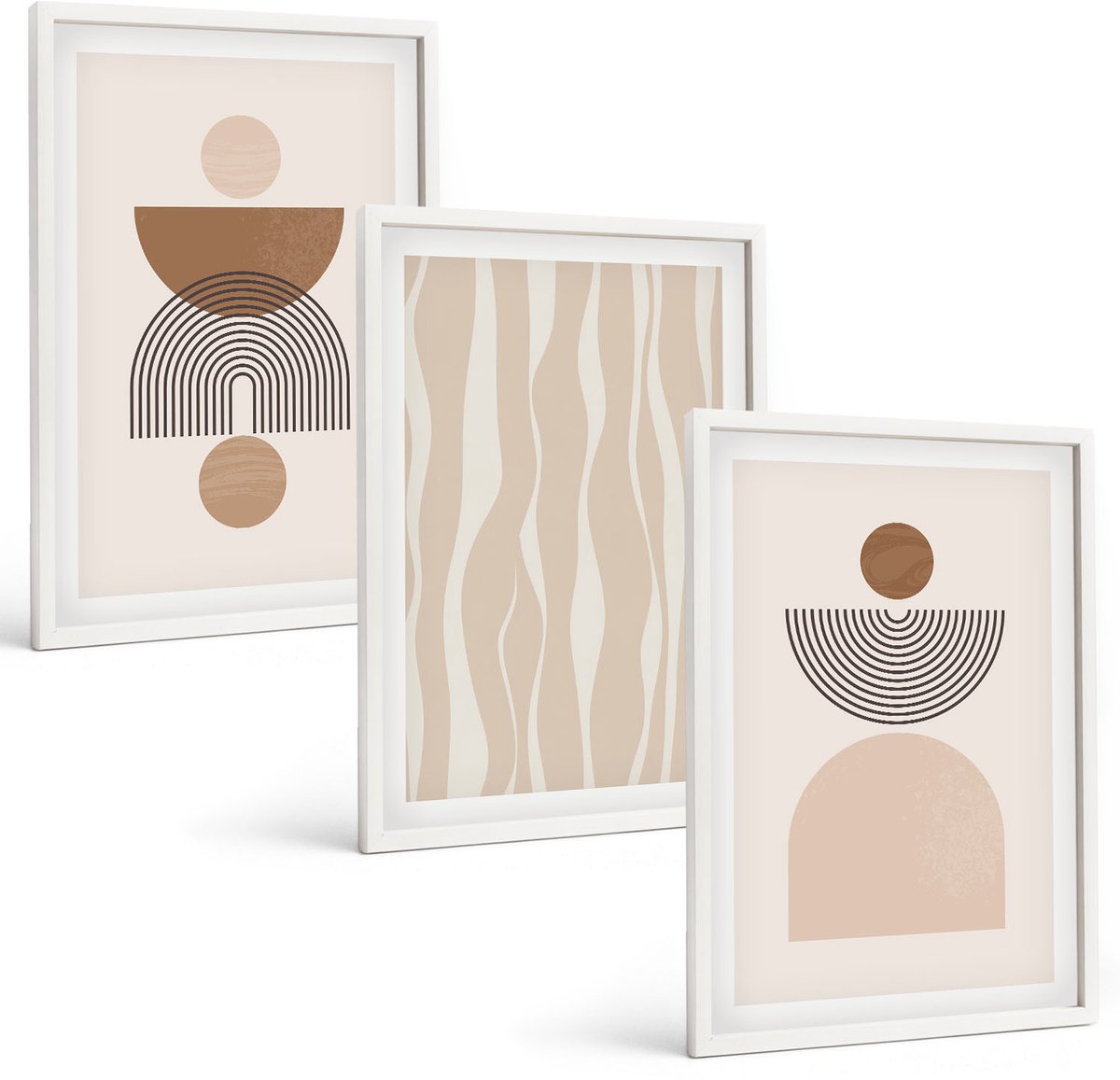 Wallfluent 3-Delige Schilderij Set - Abstracte Vormen In Bruine En Beige Tinten - 40 x 60 - Wanddecoratie - Schilderijen Set - Interieur - Interieur Decoratie