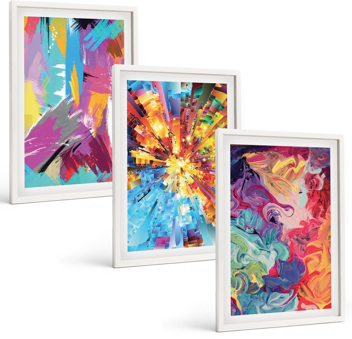 Wallfluent 3-Delige Schilderij Set - Kleurrijke Abstracte Schilderijen Met Dynamische Patronen - 40 x 60 - Wanddecoratie - Woonkamer Decoratie - Interieur Decoratie