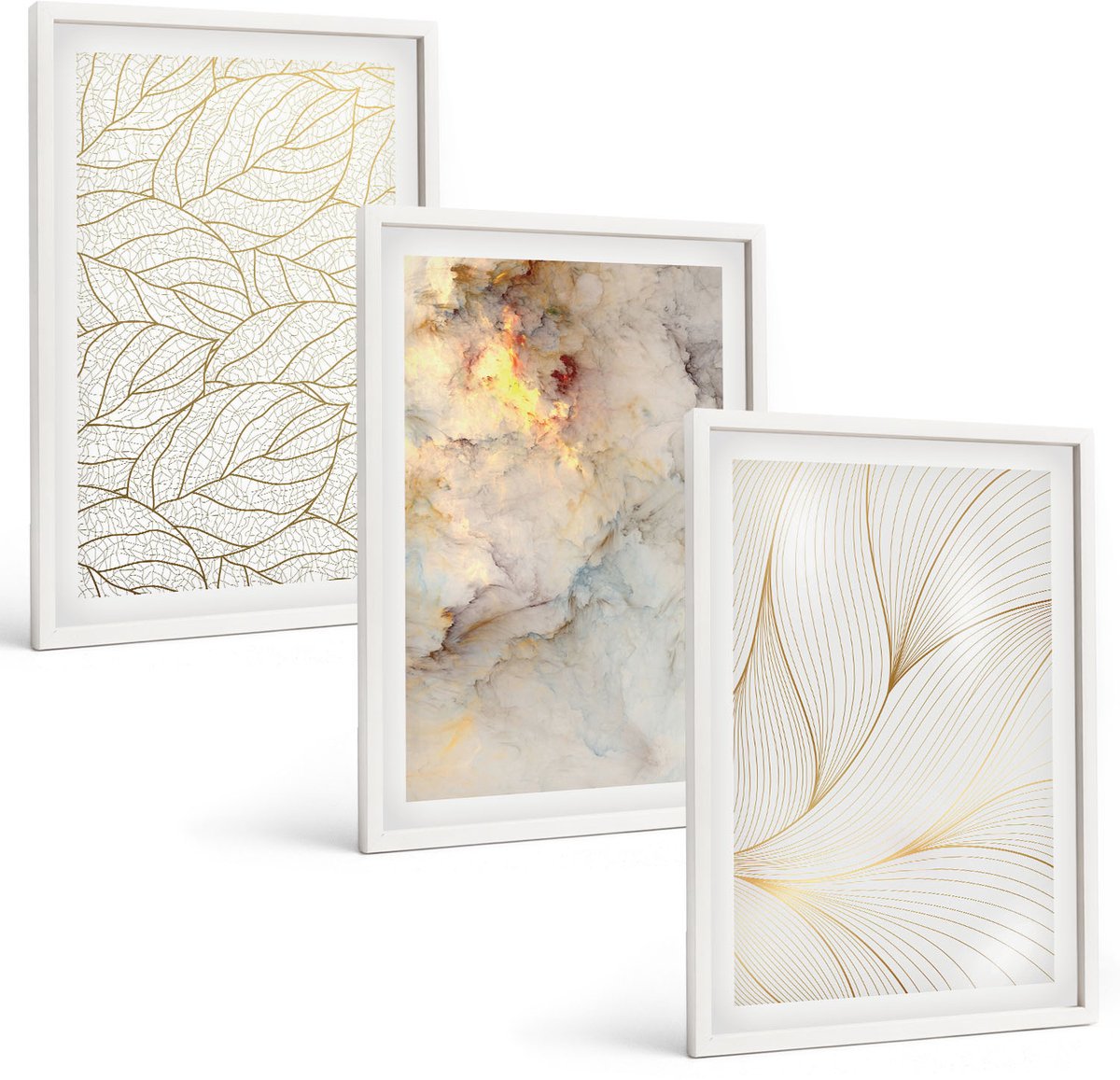 Wallfluent 3-Delige Schilderij Set - Lineaire Bladpatronen Abstract Marmer - 40 x 60 - Wanddecoratie - Muurdecoratie - Moderne Interieurdecoratie - Woonkamer Decoratie