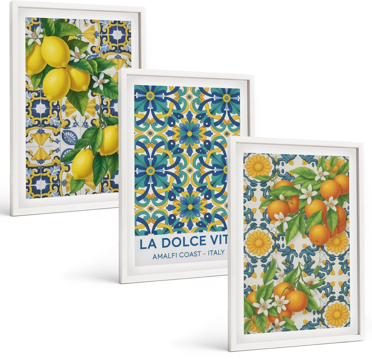 Wallfluent 3-Delige Schilderij Set - Citroenen, Bloemen En Sinaasappels In Italiaanse Stijl - 40 x 60 - Moderne Wanddecoratie - Woonkamer - Interieur Decoratie