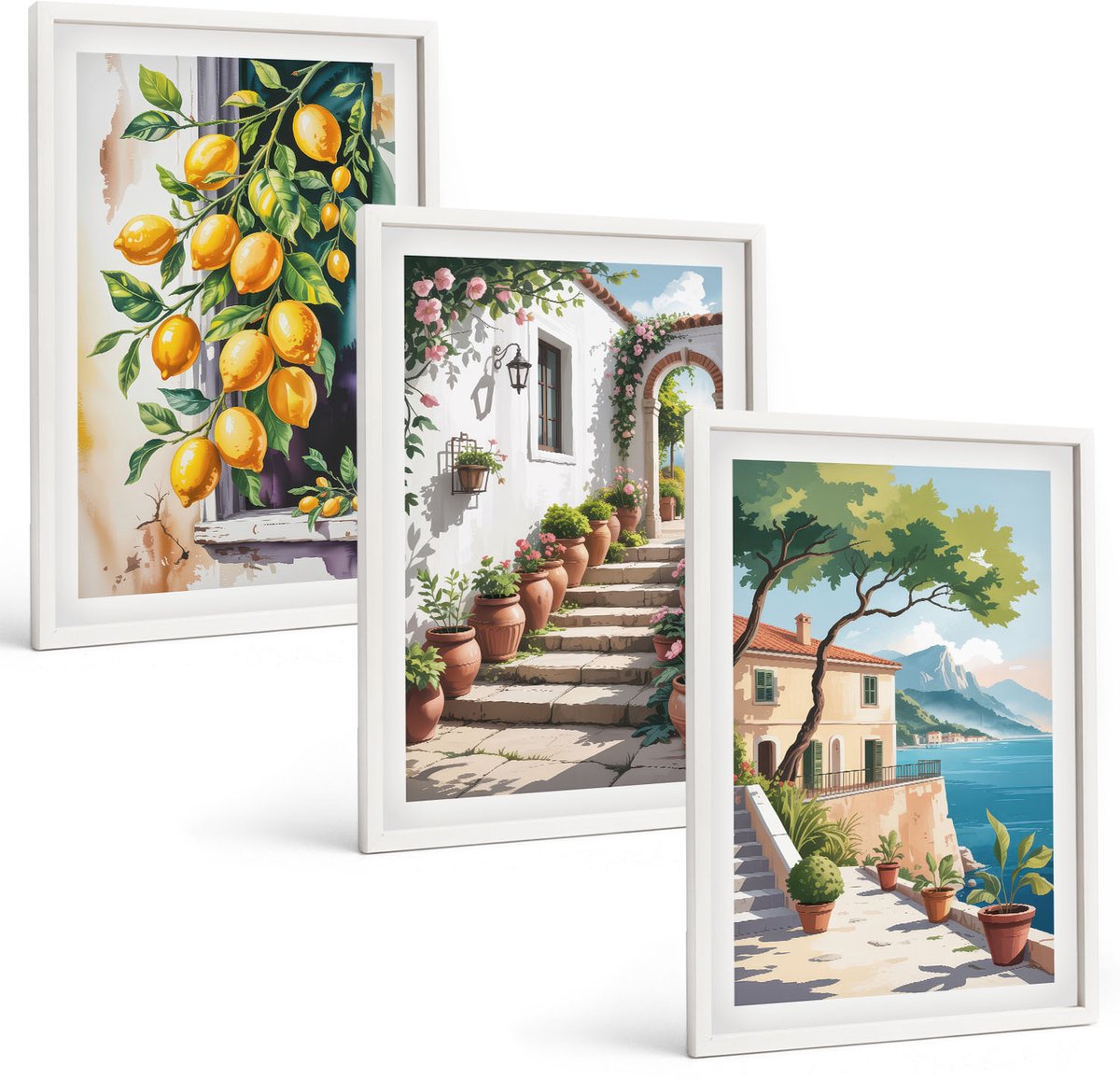 Wallfluent 3-Delige Schilderij Set - Citroenen Tegen Een Achtergrond Van Bloemen En Uitzicht Op Zee. - 40 x 60 - Stijlvolle Muurdecoratie - Kantoor - Decoratieve Schilderijen