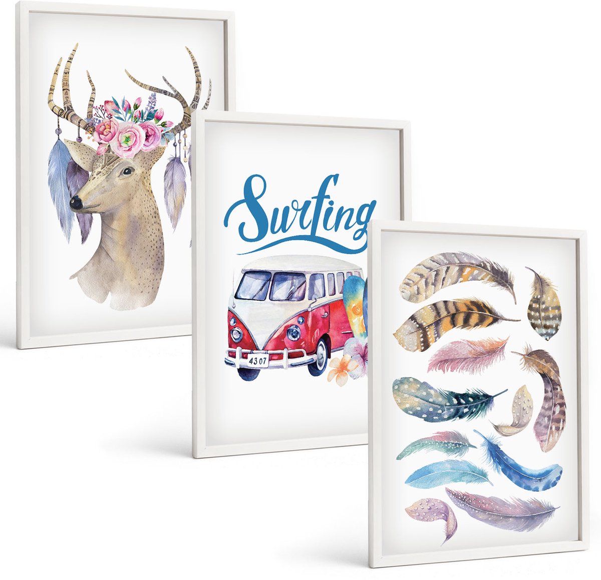 Wallfluent 3-Delige Schilderij Set - Hert Met Gewei, Bloemen En Veren, Vakantiebusje - 40 x 60 - Moderne Wanddecoratie - Slaapkamer - Decoratieve Schilderijen