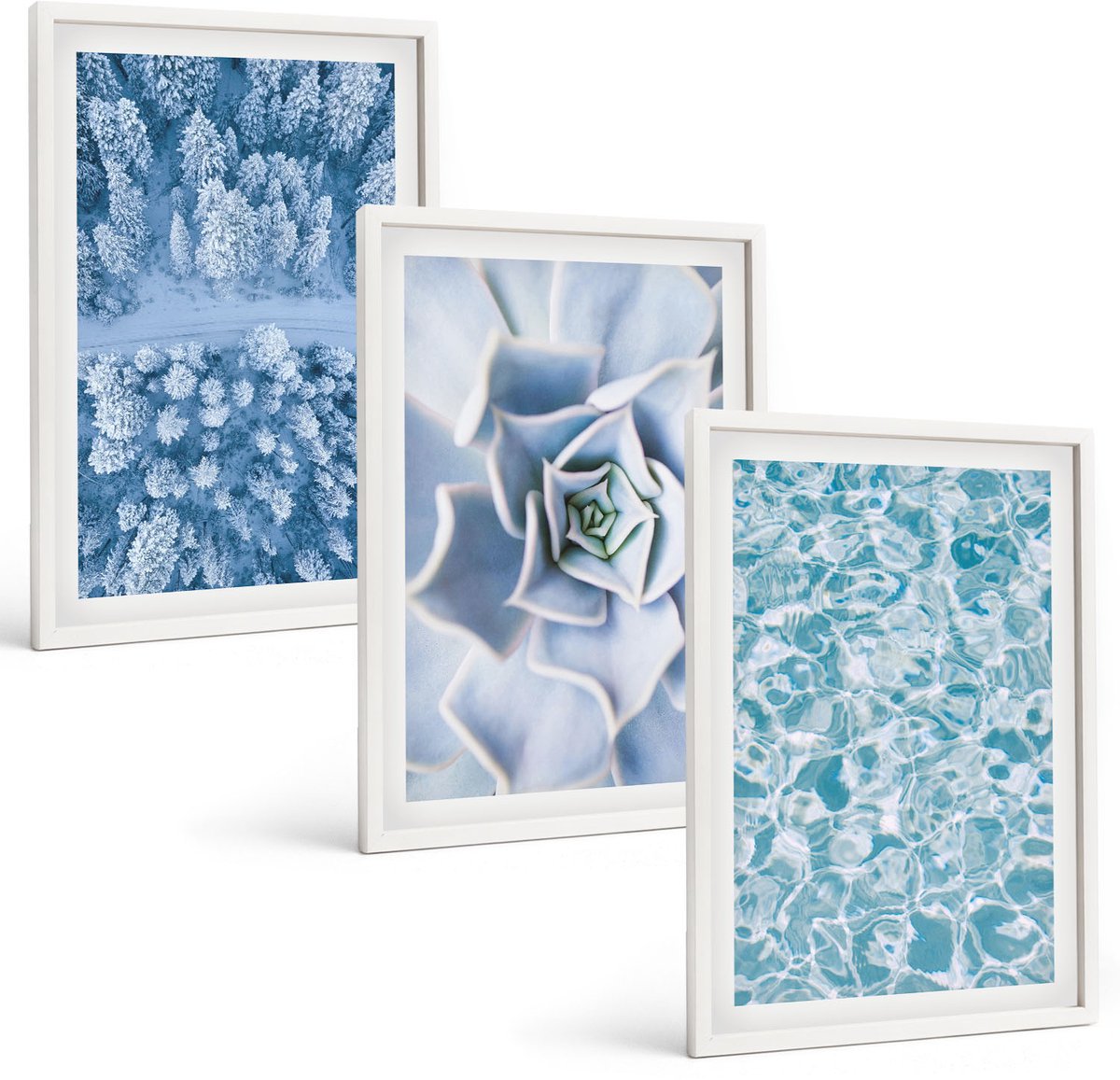 Wallfluent 3-Delige Schilderij Set - Winterbos, Blauwe Bloem, Blauw Wateroppervlak - 40 x 60 - Muurdecoratie - Wanddecoratie - Hal - Decoratieve Schilderijen