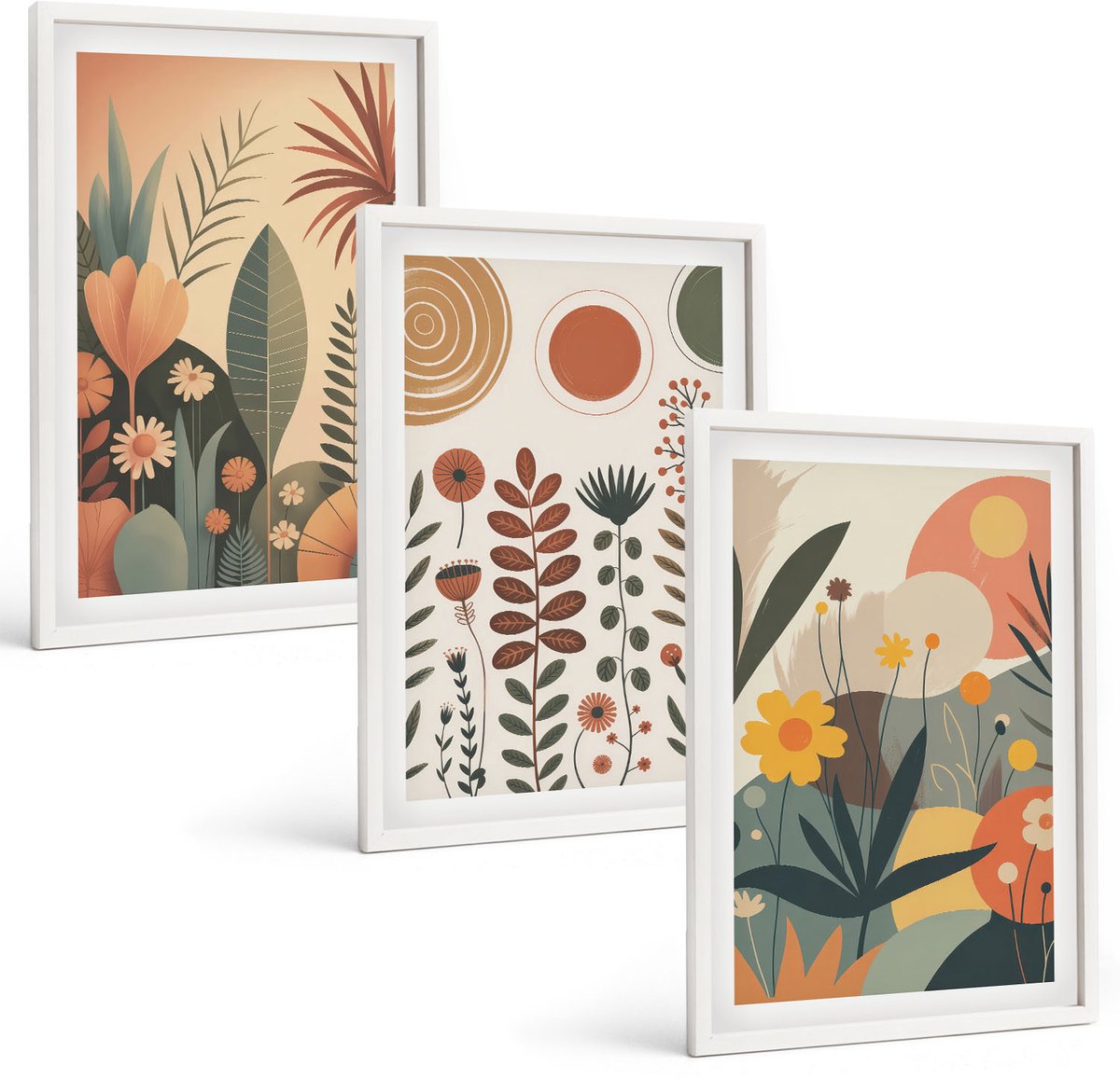 Wallfluent 3-Delige Schilderij Set - Boho-Plantenpatronen In Warme Tinten Met Natuur. - 40 x 60 - Decoratieve Schilderijen - Wanddecoratie - Hal - Woonkamer Decoratie