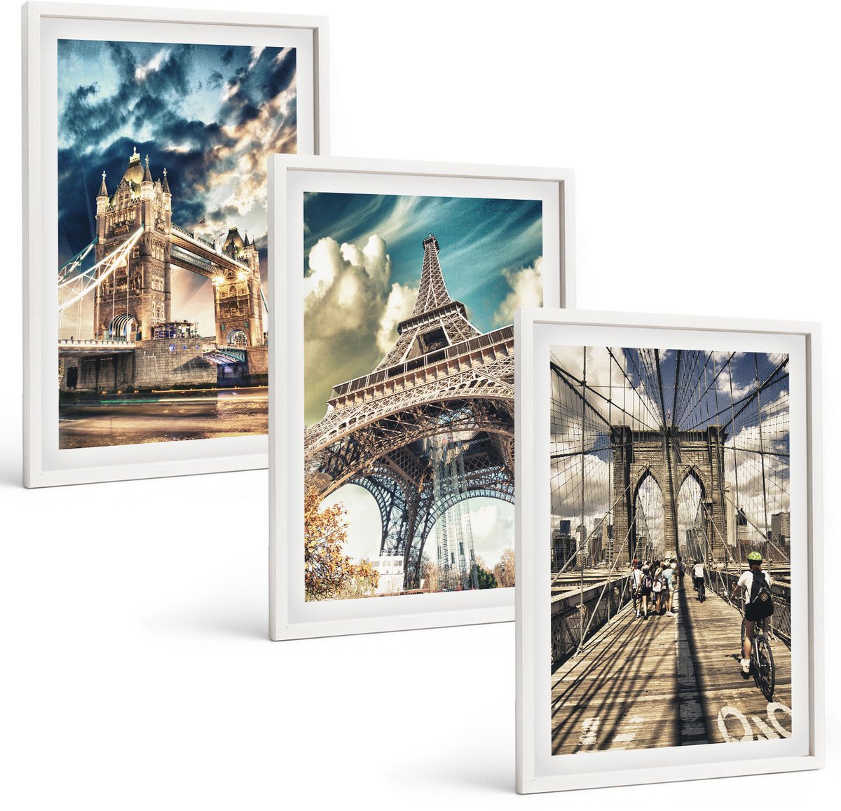 Wallfluent 3-Delige Schilderij Set - Bruggen En Torens In Europese Steden - 40 x 60 - Wanddecoratie - Schilderijen Set - Kantoor - Interieur Decoratie