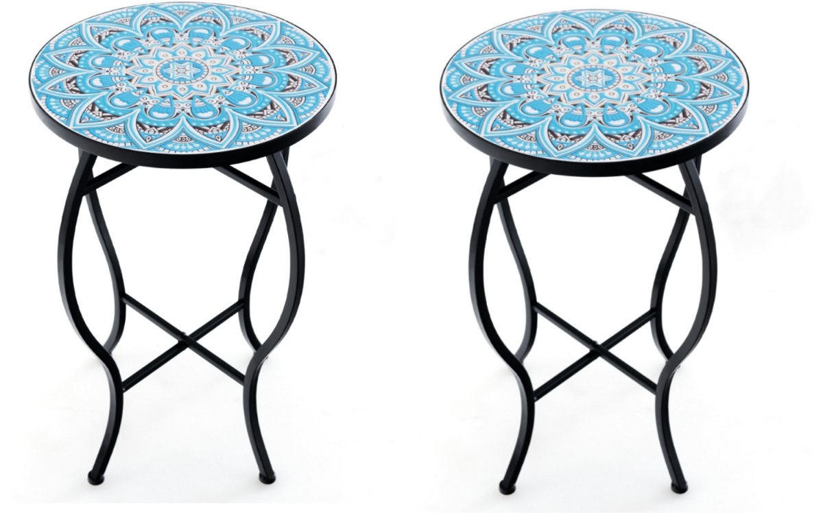 SureDeal® - Tuintafel - Bijzettafel - Mozaïek - Buiten Kleine Ronde - Keramisch Tegelblad Plantenstandaard - 35x55 cm - Blauw en zwart