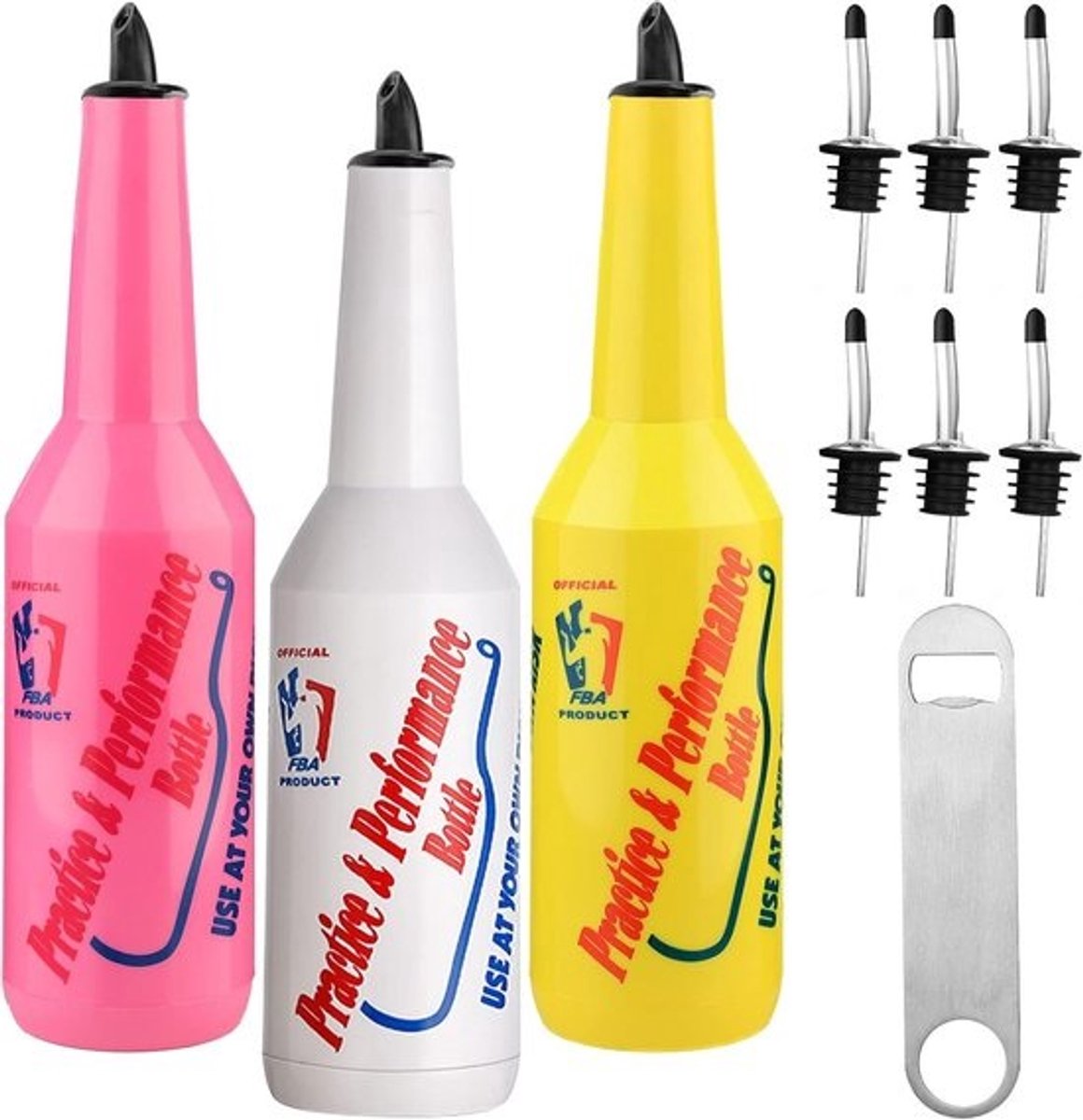 Kleurige 3-delige Flair Mix Set - Cocktailshaker, Trainingsfles en Barkeeper Oefenfles 750 ml