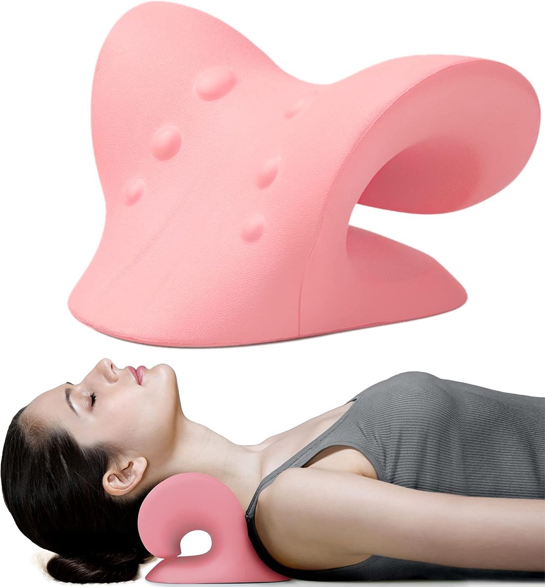 Nek‑ en schouderontspanner, ergonomische nekstretcher voor thuisgebruik, cervicale nek tractie kussen, roze