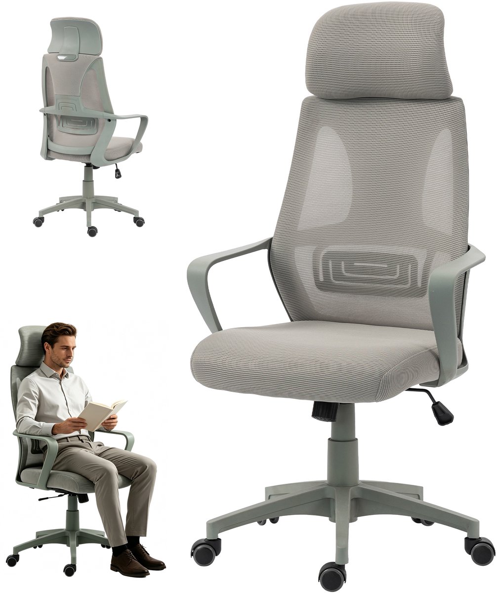 Ergonomische Bureaustoel met Mesh Rugleuning - ergonomische bureaustoel - bureaustoel - kantoorstoel - lendensteunkussen - Verstelbare Kantoorstoel met Hoofdsteun - Grijs - 64x55x126cm - Max. 120 kg