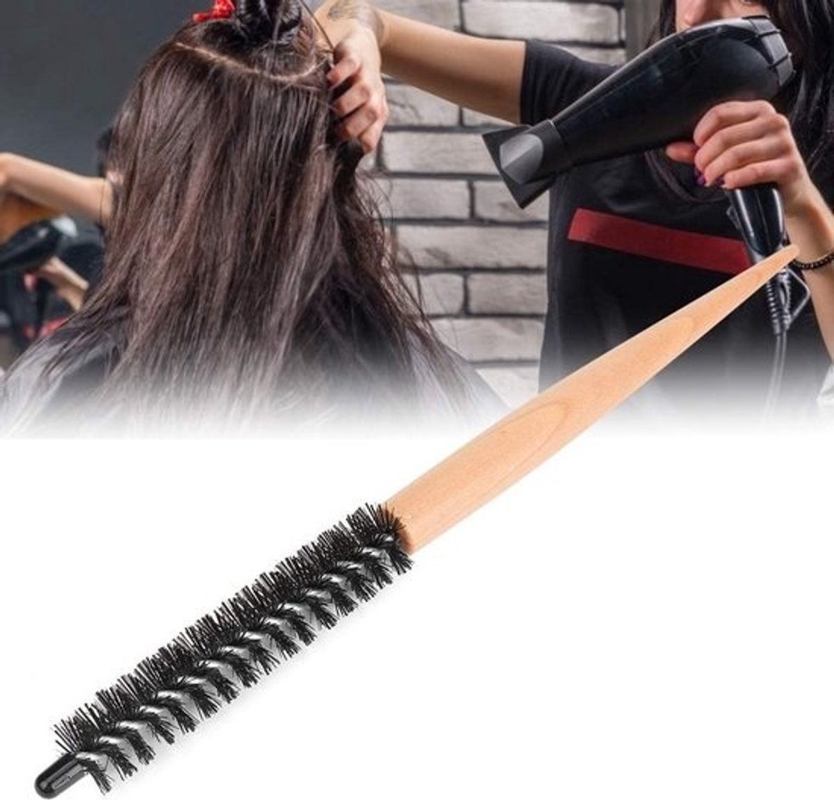 Kleine Ronde Haarborstel met Houten Handvat en Nylon Haren voor Professionele Haarstyling en Volume